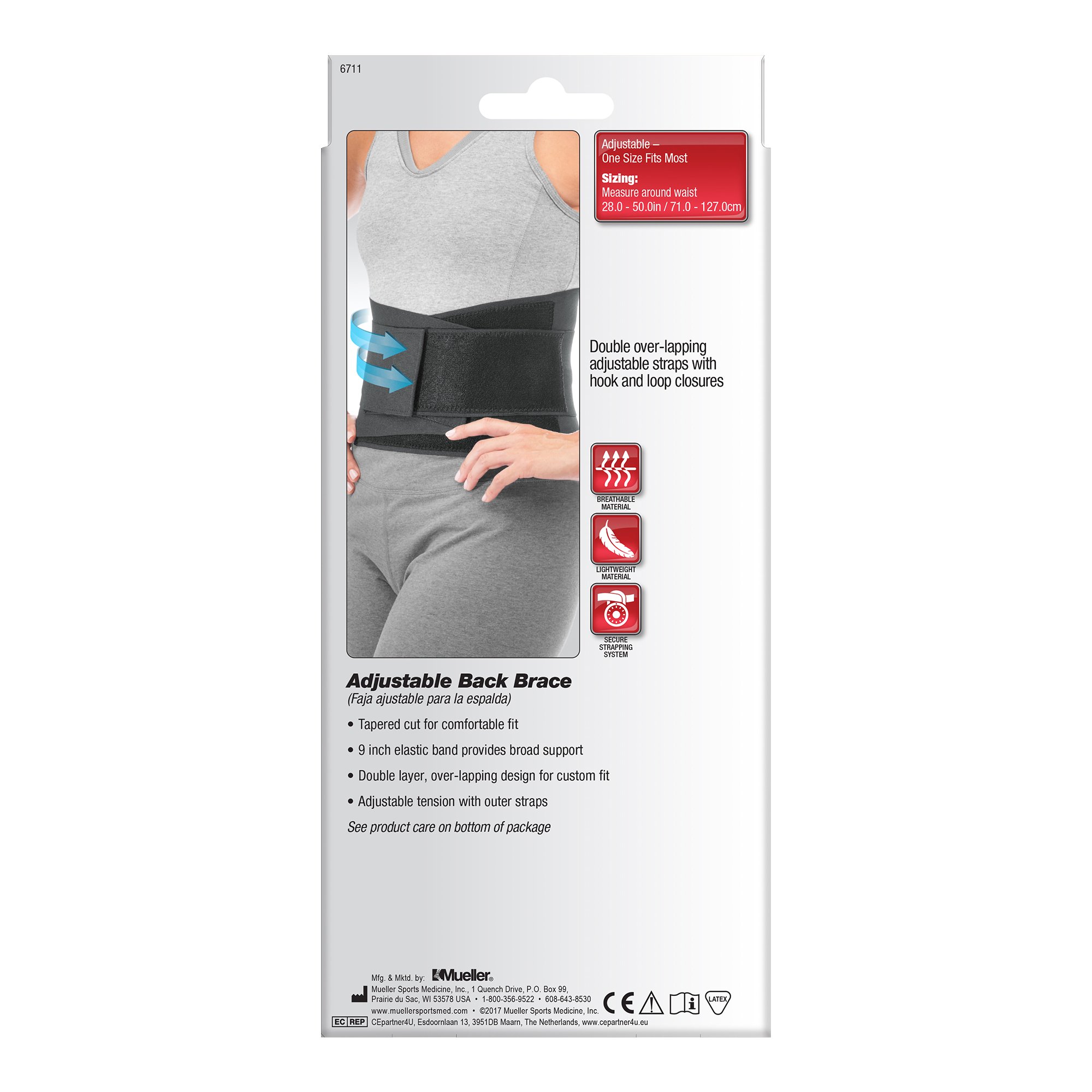 Mueller Sports Medicine 6711 - Mueller® Back Brace, Lumbar Support, 28 – 50 Inch Waist, Hook and Loop Closure - 1/Each