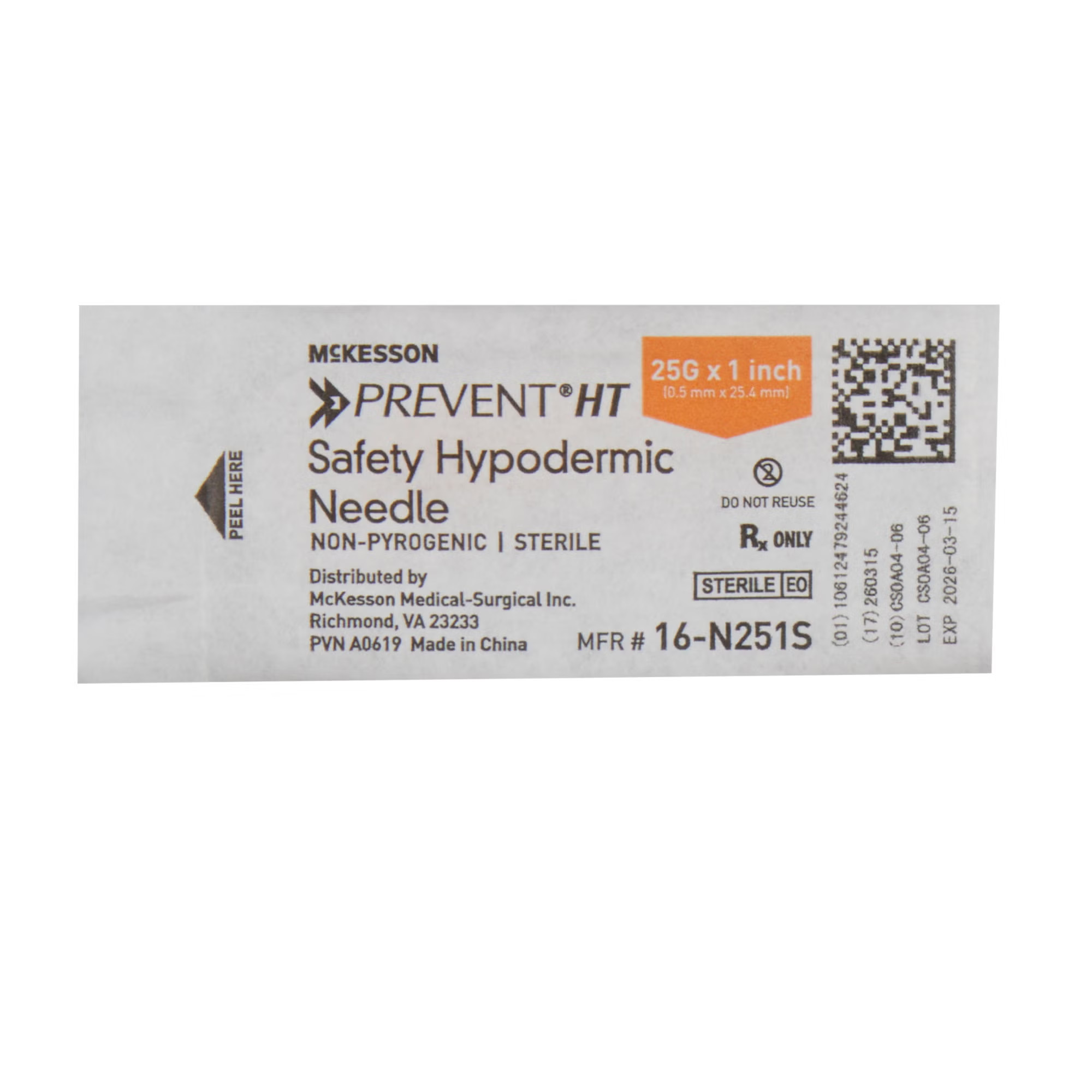 McKesson Brand - 16-N251S Safety Hypodermic Needle McKesson Prevent® HT 1 Inch Length 25 Gauge Thin Wall Hinged Safety Needle