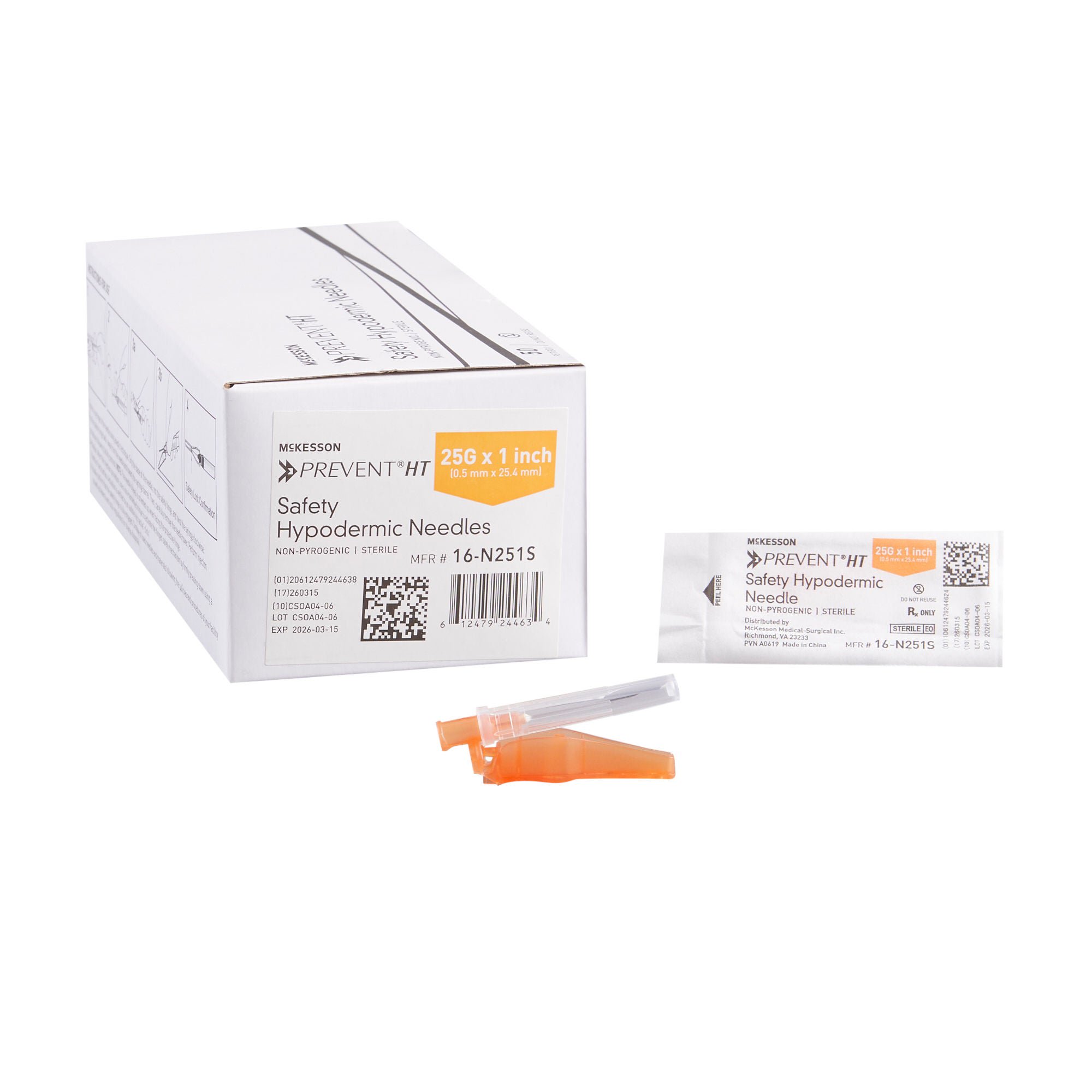 McKesson Brand - 16-N251S Safety Hypodermic Needle McKesson Prevent® HT 1 Inch Length 25 Gauge Thin Wall Hinged Safety Needle
