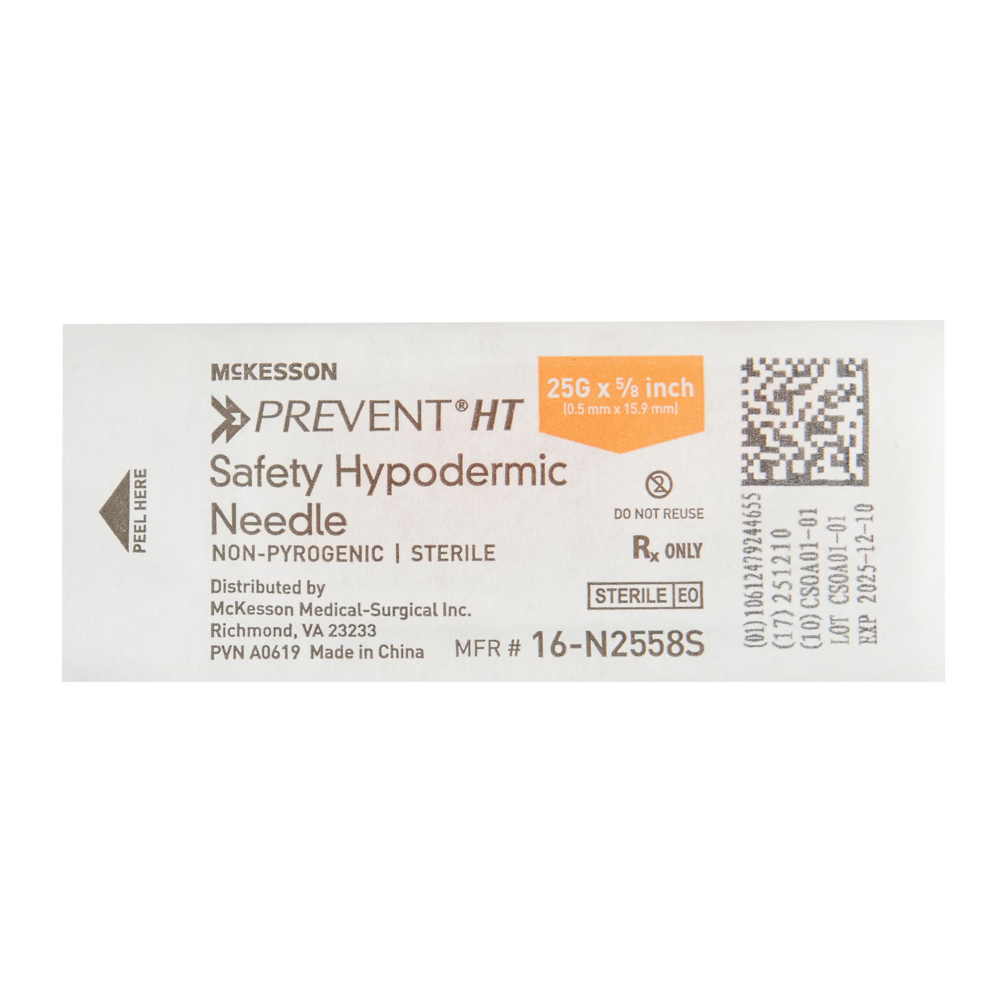 McKesson Brand - 16-N2558S Safety Hypodermic Needle McKesson Prevent® HT 5/8 Inch Length 25 Gauge Thin Wall Hinged Safety Needle