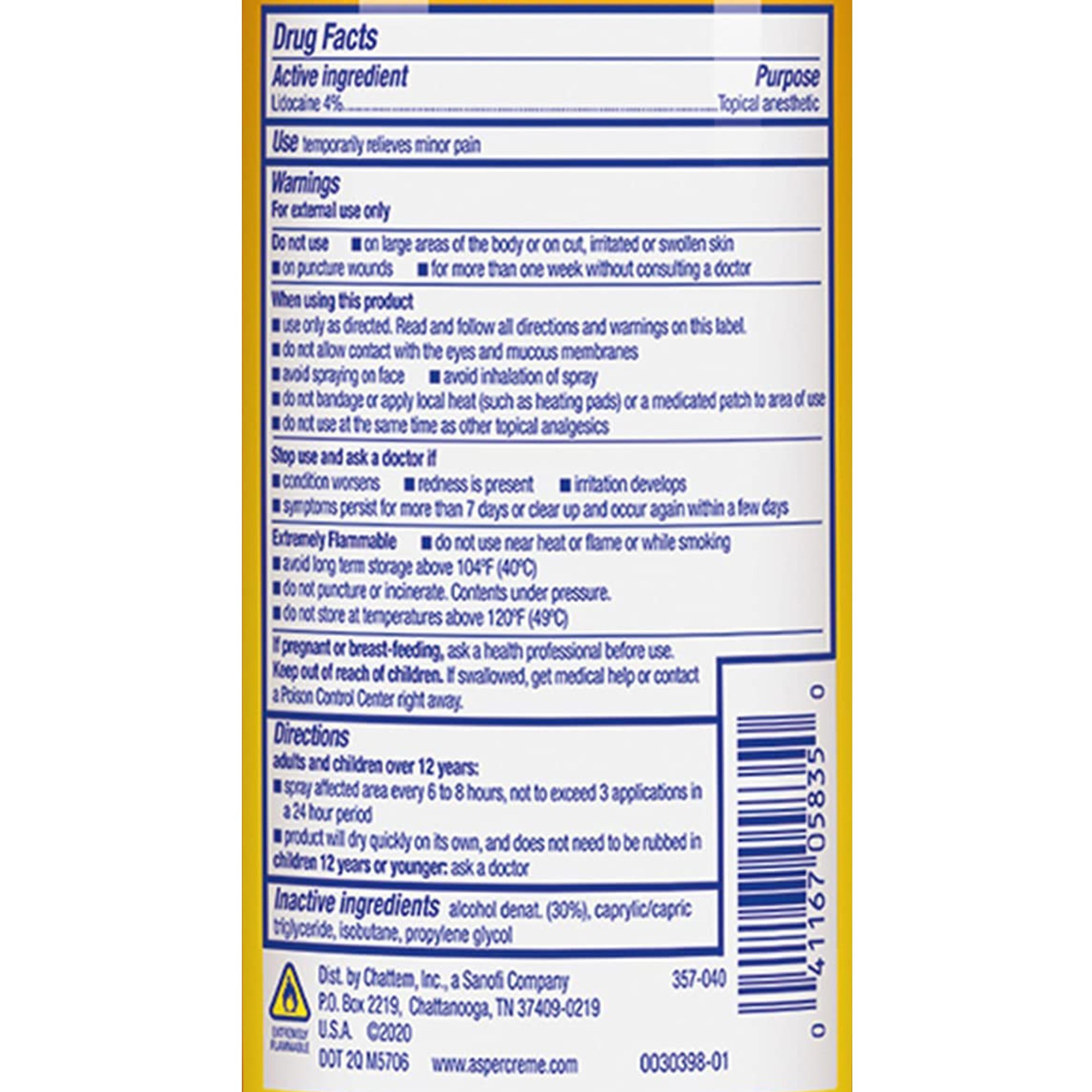 Aventis Pharmaceuticals 04116705835 - Aspercreme® Max Lidocaine Topical Pain Relief, 4-ounce Spray - 1/Each