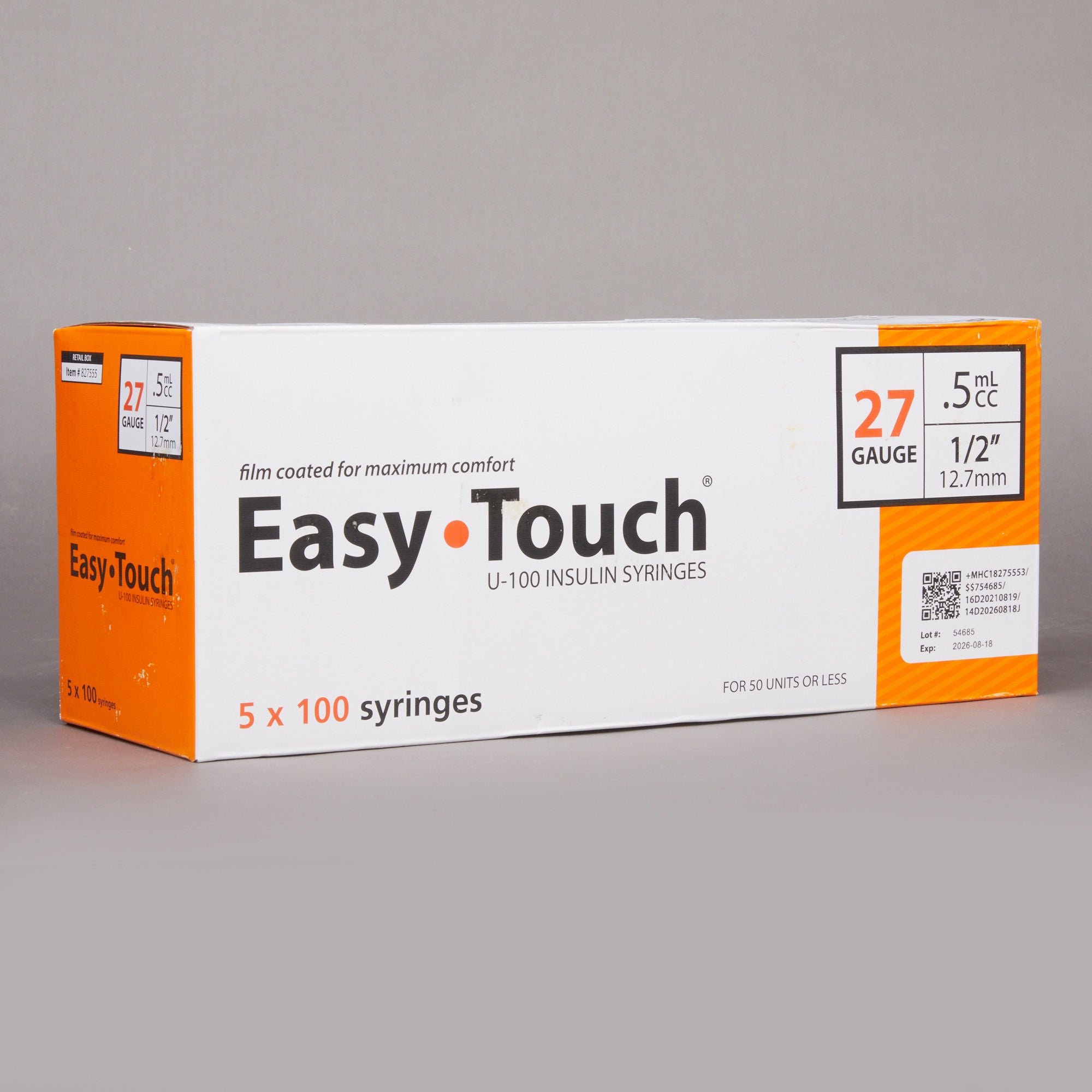 MHC Medical - 827555 Standard Insulin Syringe with Needle EasyTouch™ 0.5 mL 1/2 Inch 27 Gauge NonSafety Thin Wall