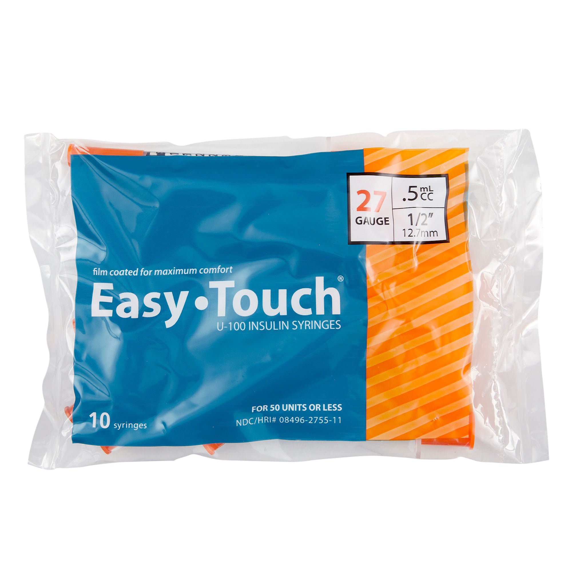 MHC Medical - 827555 Standard Insulin Syringe with Needle EasyTouch™ 0.5 mL 1/2 Inch 27 Gauge NonSafety Thin Wall