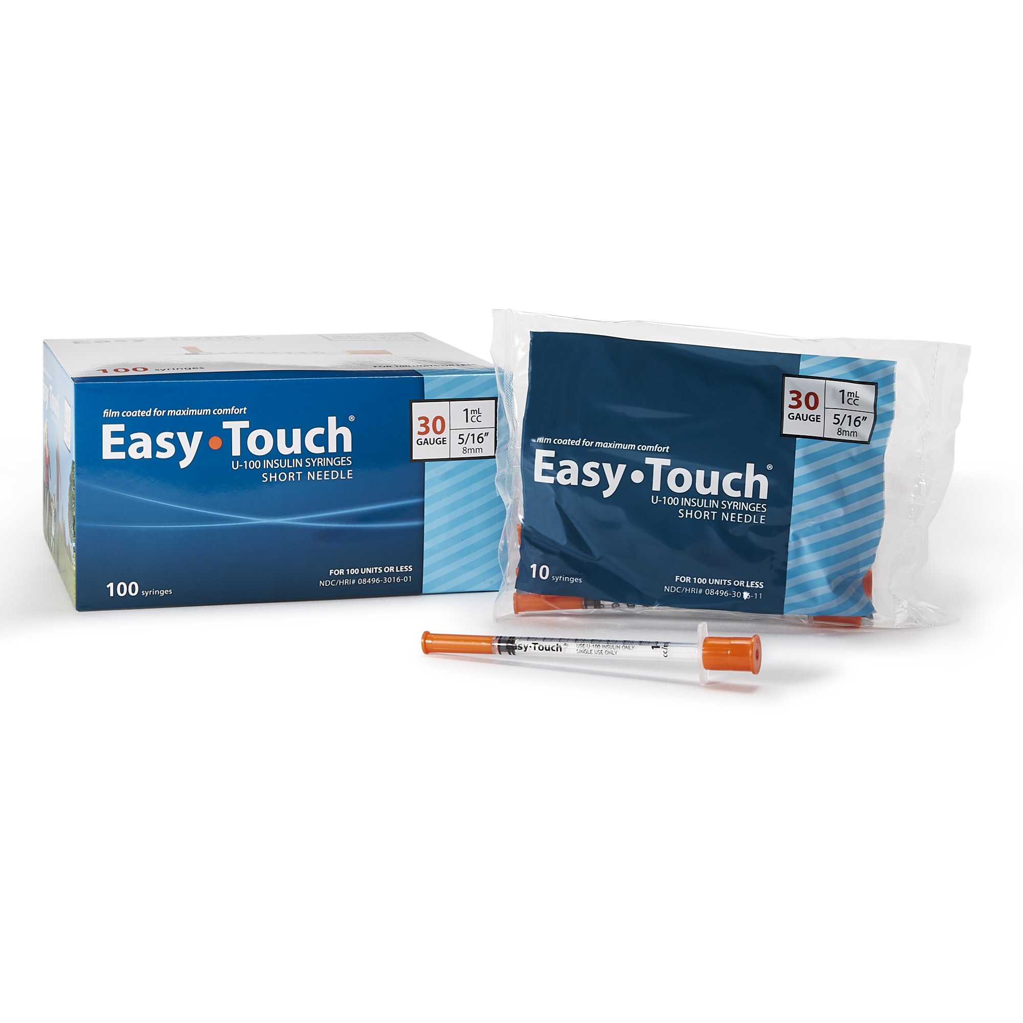 MHC Medical 830165 - EasyTouch™ 1 mL Insulin Syringe with Needle, 30 Gauge, 5/16 Inch Needle Length - 100/Box, 500/Case