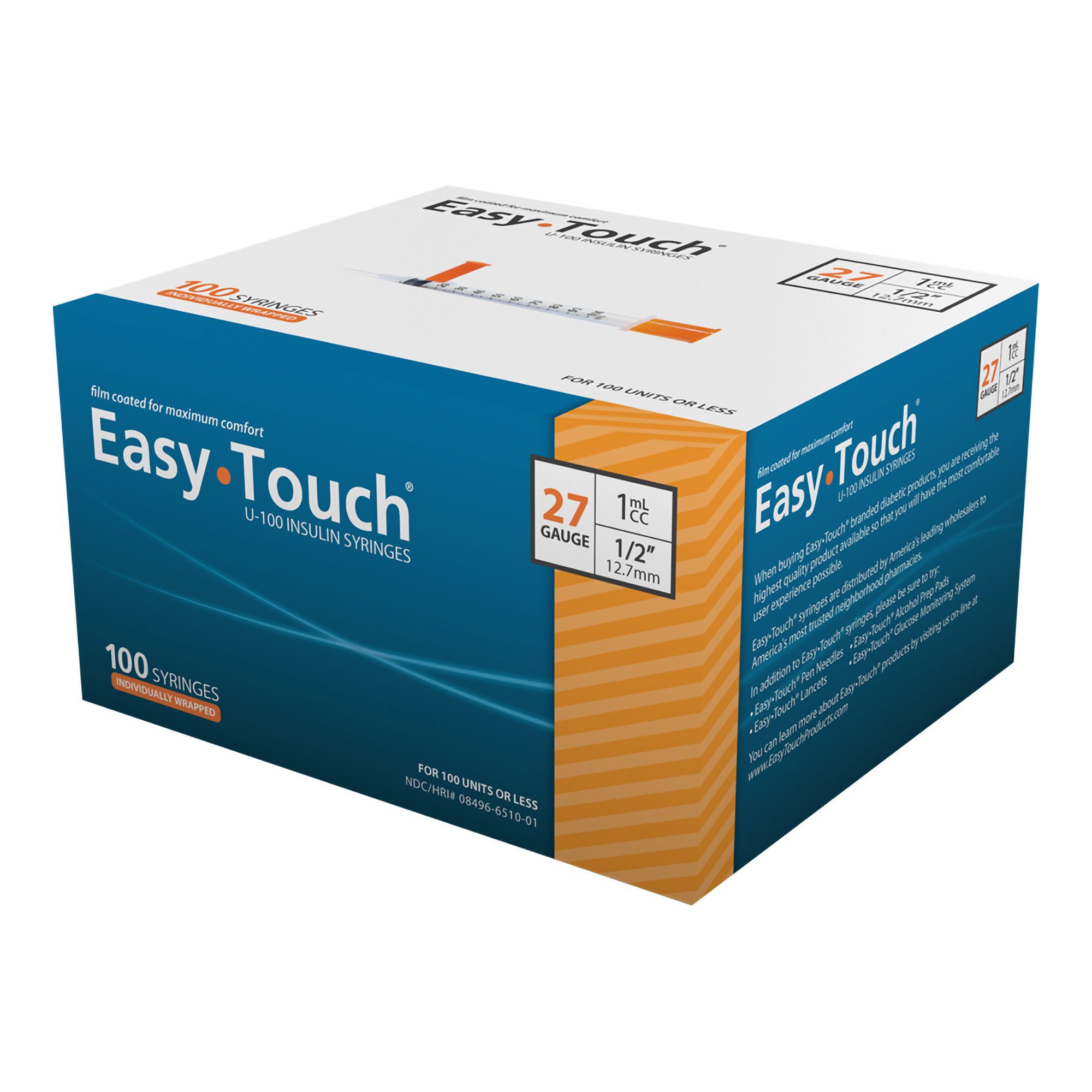 MHC Medical - 627155 Standard Insulin Syringe with Needle EasyTouch™ 1 mL 1/2 Inch 27 Gauge NonSafety Thin Wall