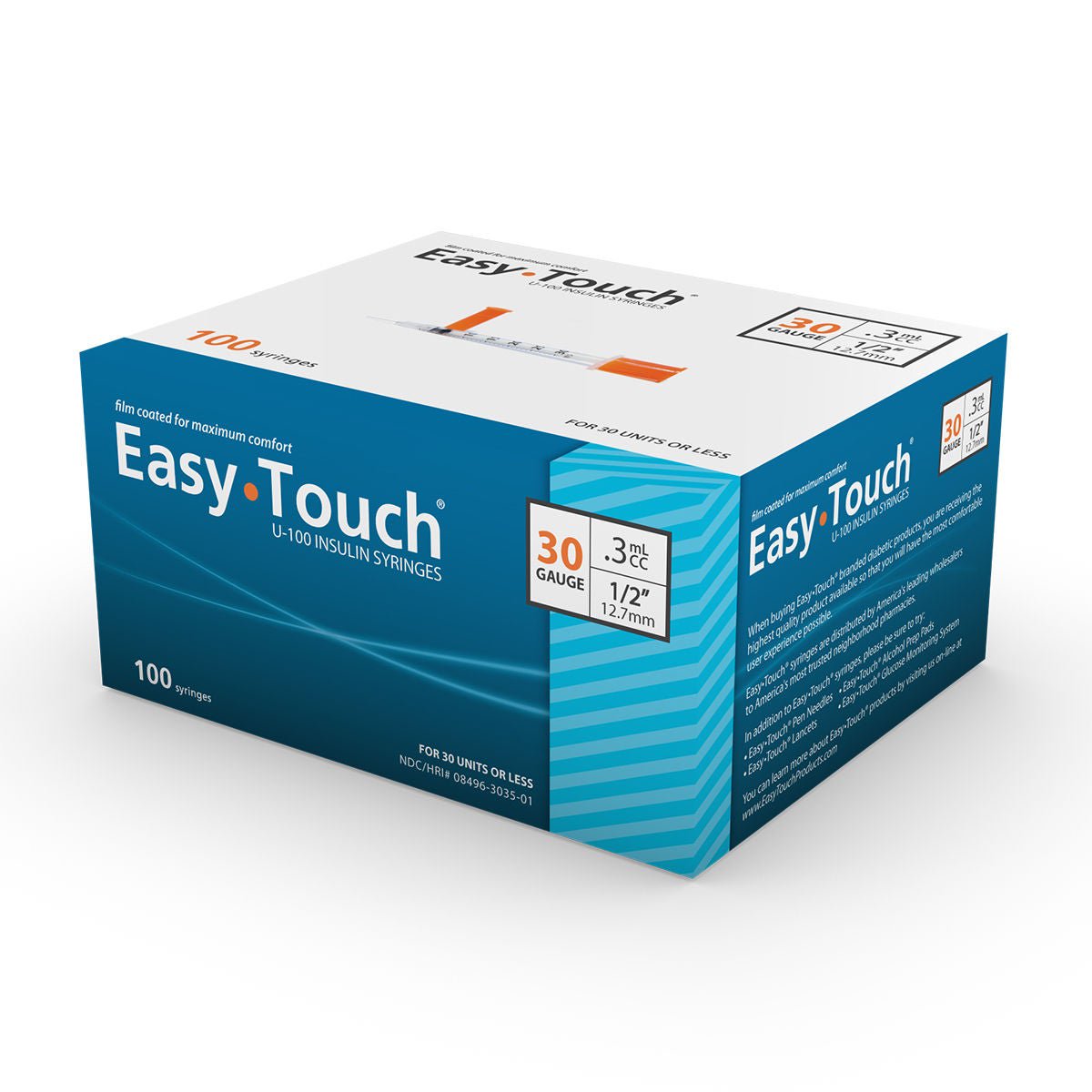 MHC Medical - 830355 Standard Insulin Syringe with Needle EasyTouch™ 0.3 mL 1/2 Inch 30 Gauge NonSafety Thin Wall