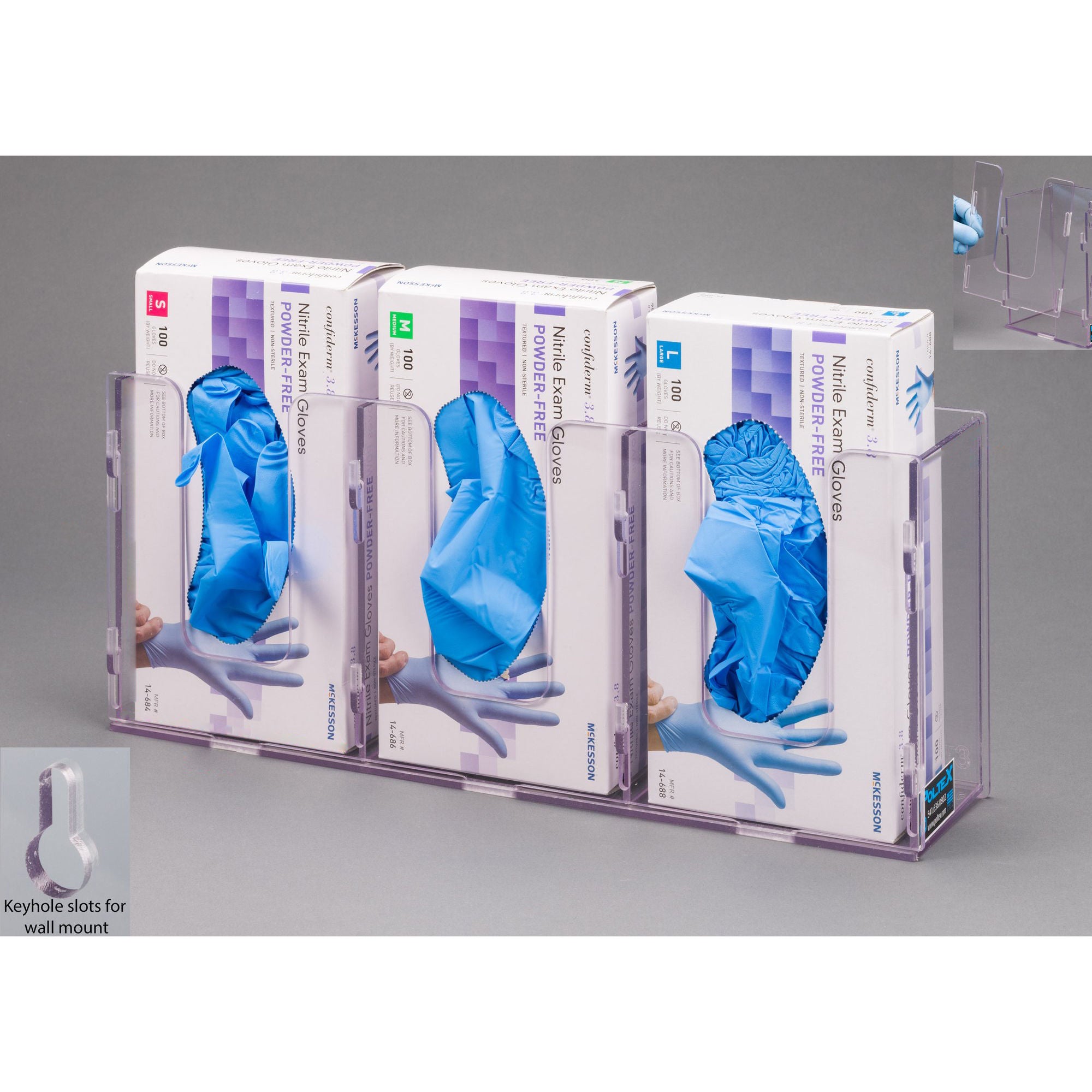 Poltex Inc - 3GBSHORT-W Glove Box Holder Wall Mounted 3-Box Capacity Clear 10-1/2 W X 3-1/4 D X 15 H Inch PETG Plastic