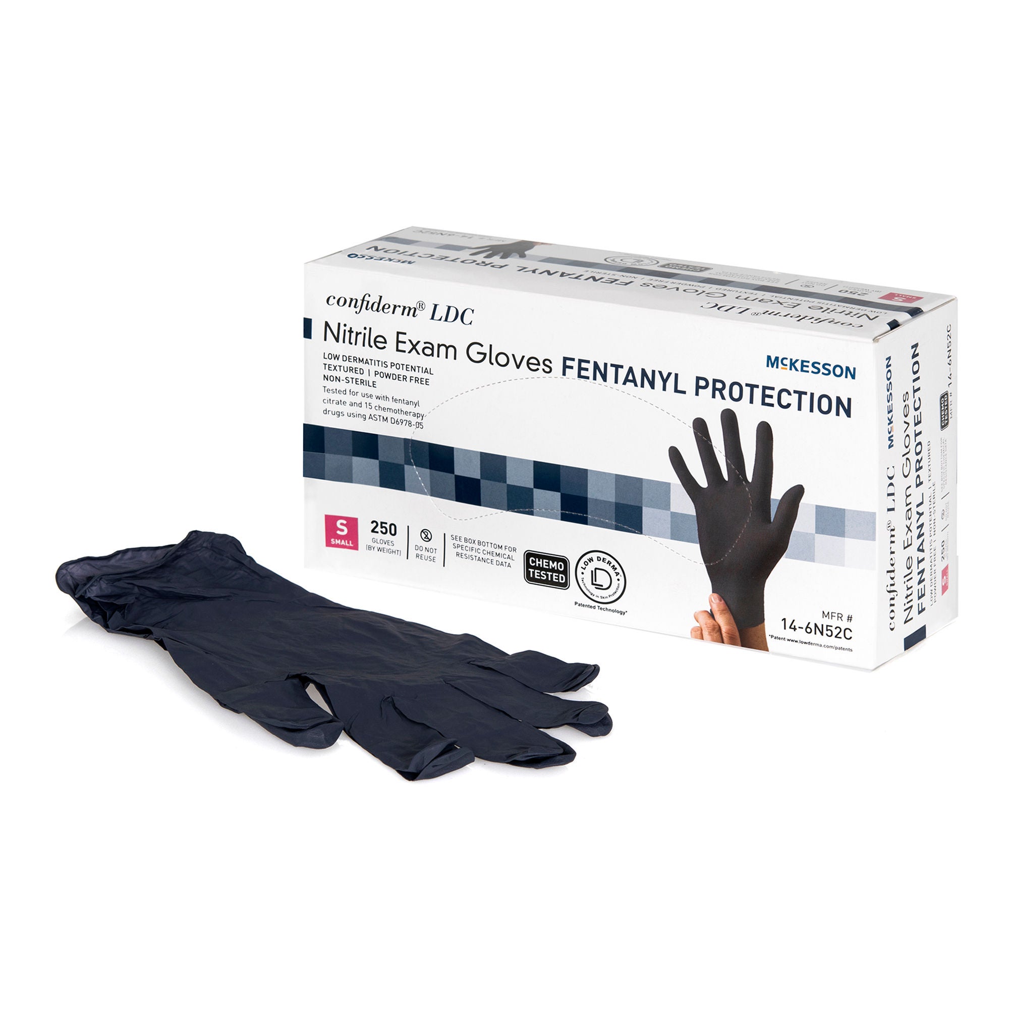 McKesson Brand - 14-6N52C Exam Glove McKesson Confiderm® LDC Small 250 per Box NonSterile Nitrile Standard Cuff Length Fully Textured Black Chemo Tested / Fentanyl Tested