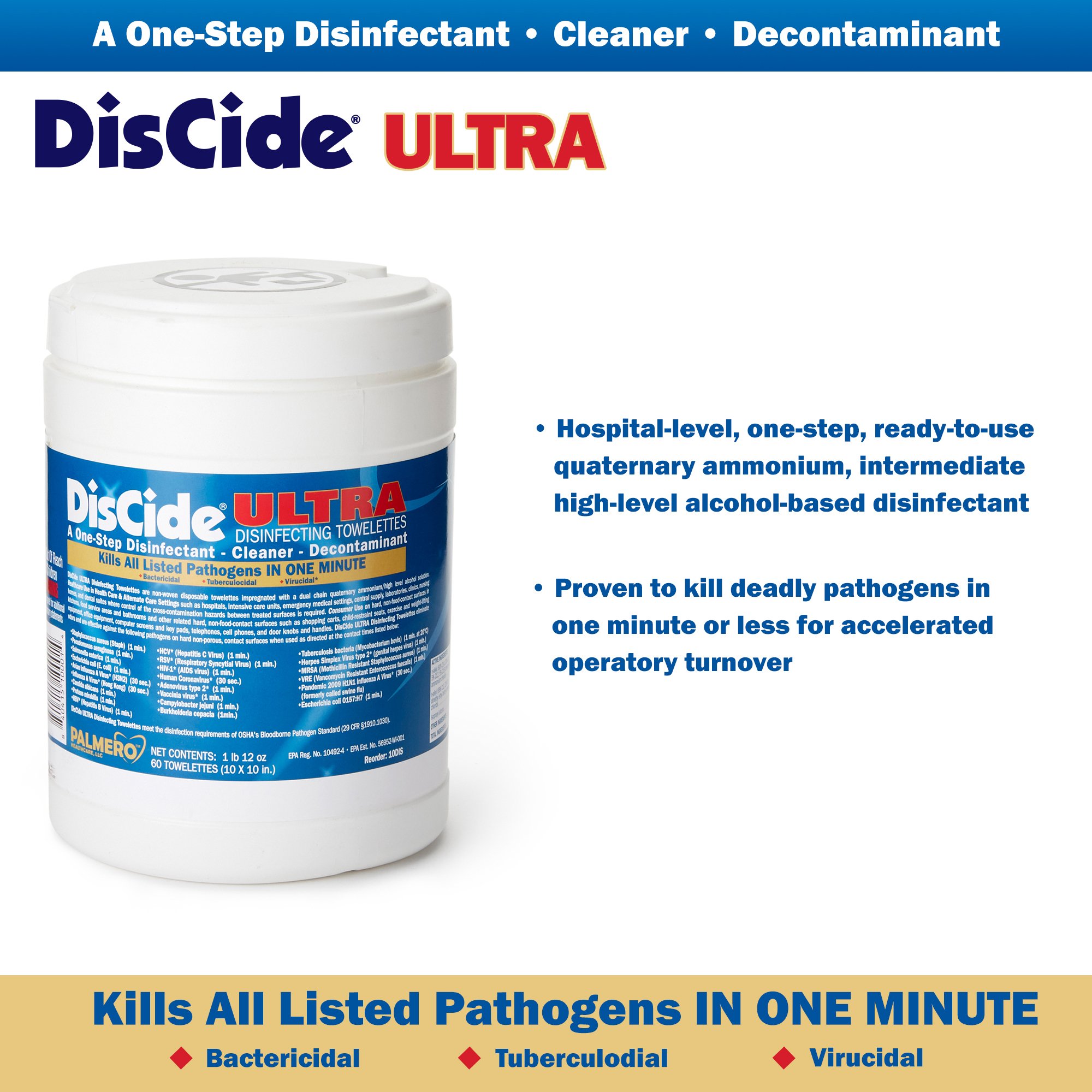 Palmero 10DIS - DisCide® Ultra Disinfecting Towelettes - 60/Canister