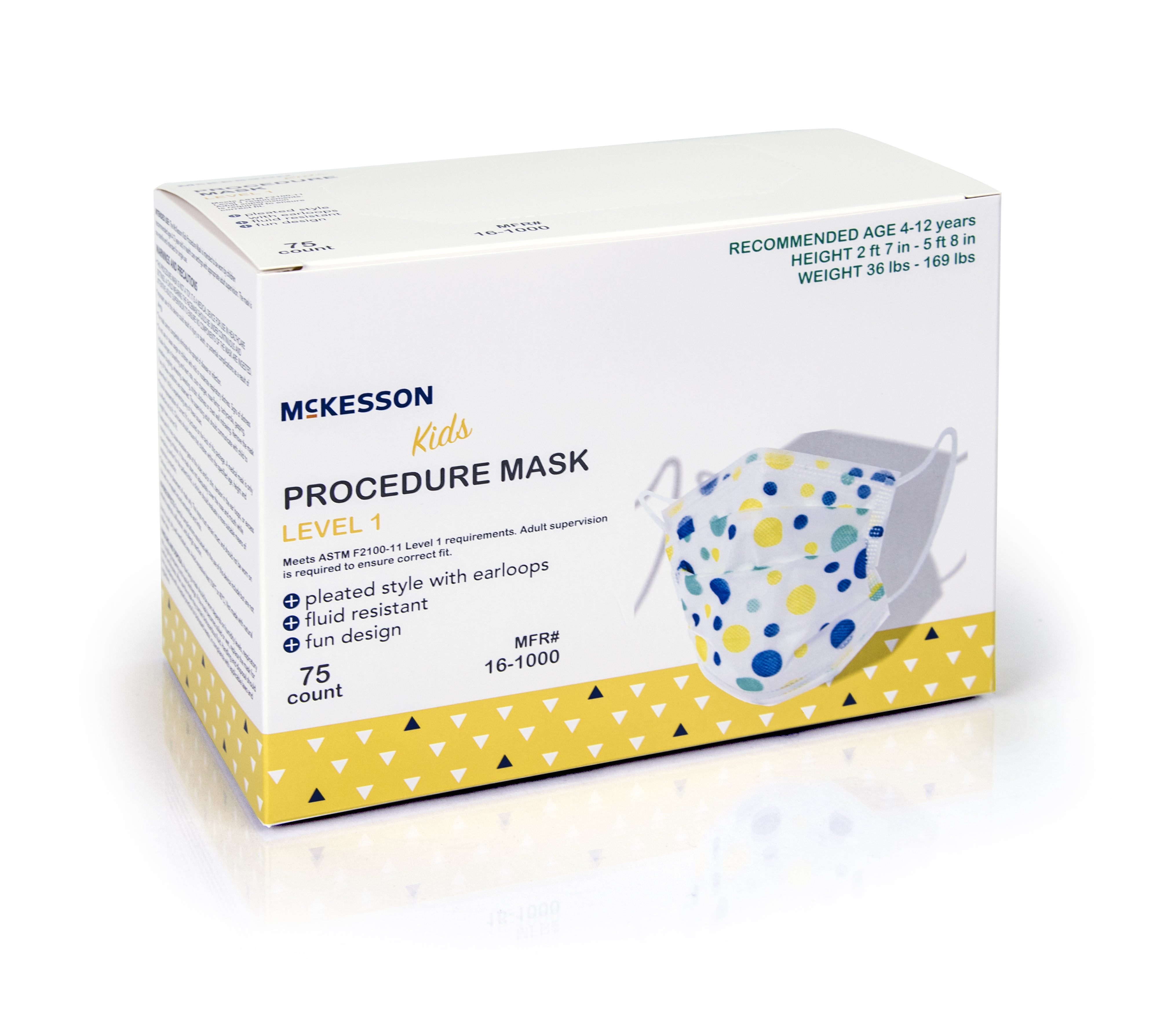 McKesson Brand 16-1000 - McKesson Pediatric Procedure Mask, Blue and Yellow Polka Dot - 75/Box, 750/Case