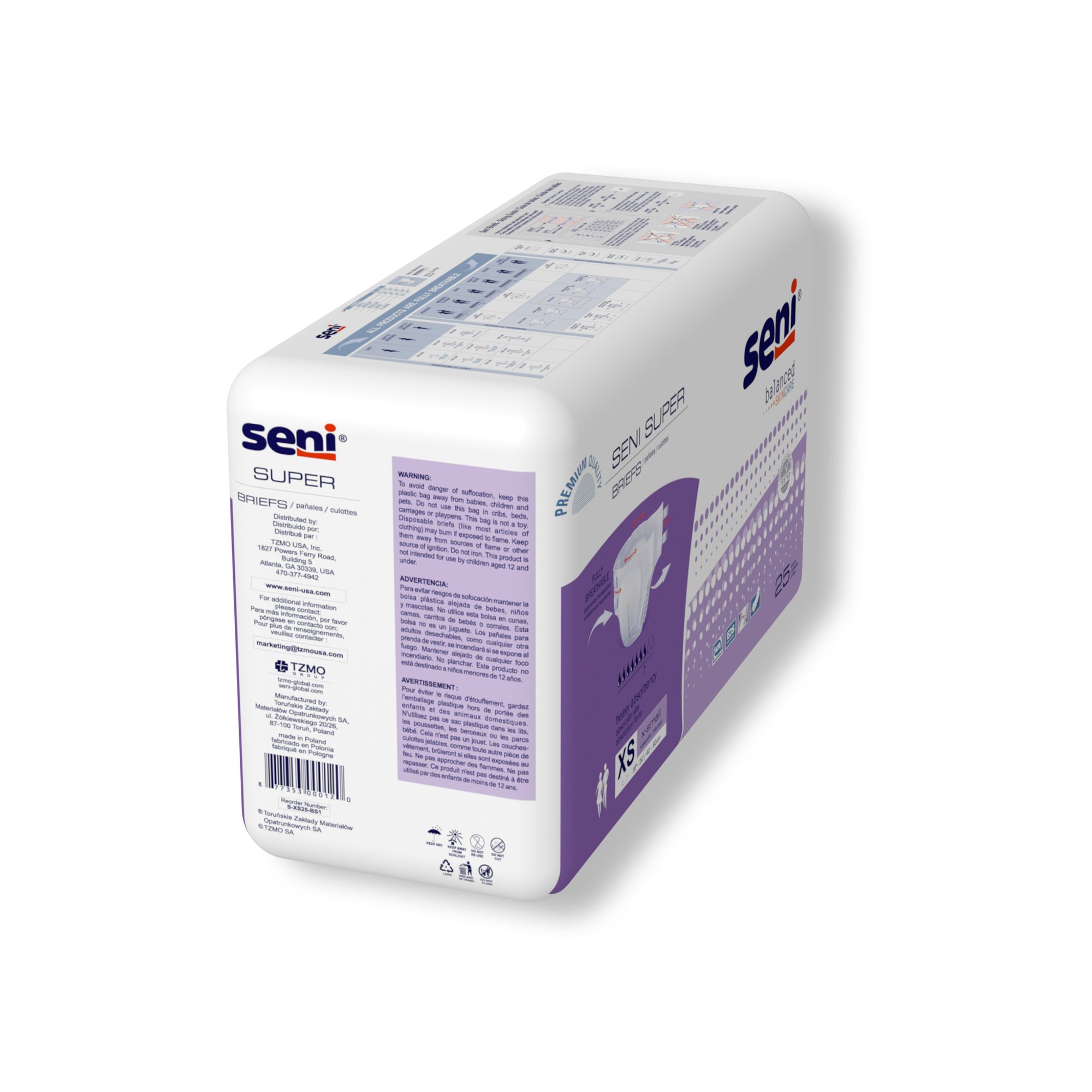 TZMO USA Inc S-XS25-BS1 - Seni® Super Heavy Absorbency Incontinence Brief, Extra Small - 25/Pack, 75/Case