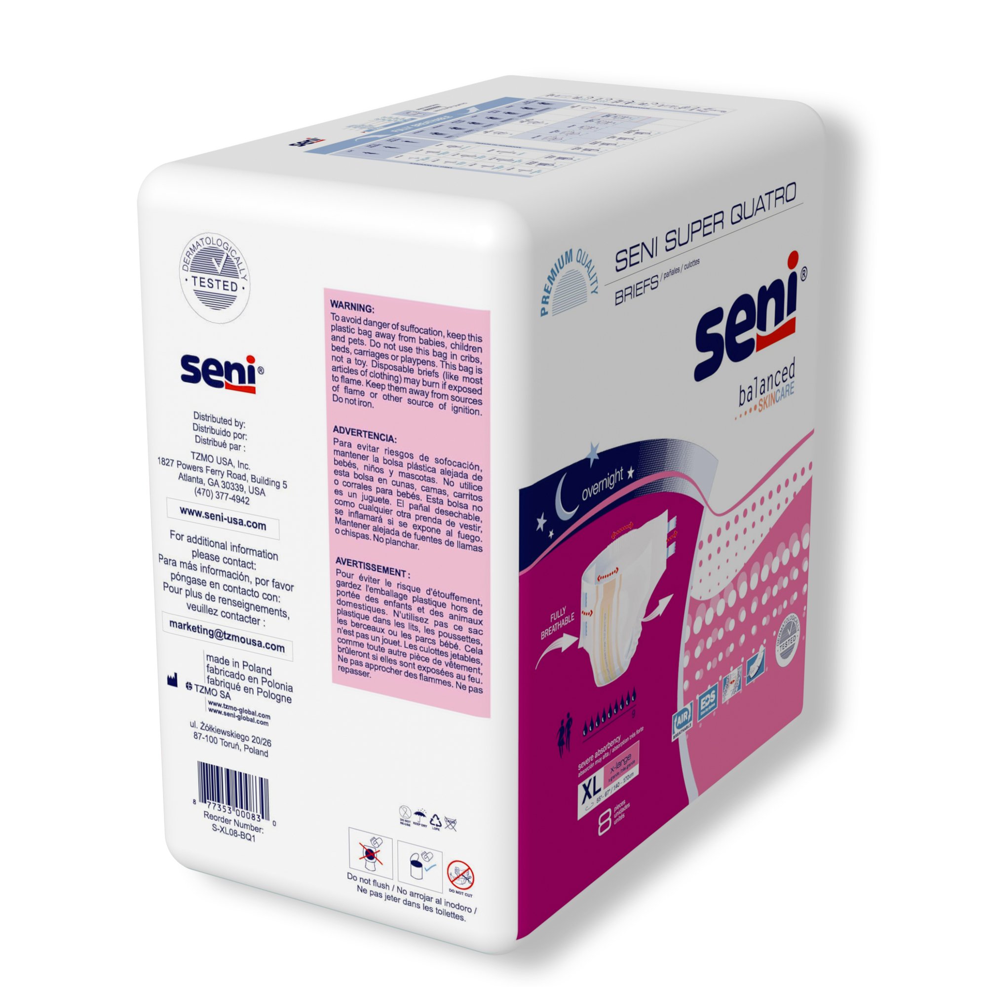 TZMO USA Inc S-XL08-BQ1 - Seni® Super Quatro Severe Absorbency Incontinence Brief, Extra Large - 8/Pack, 32/Case