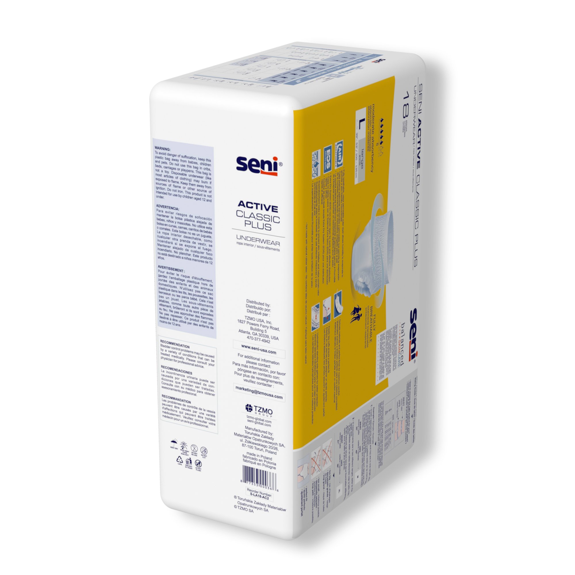 TZMO USA Inc - S-LA18-AC2 Seni® Active Classic Plus Moderate Absorbent Underwear