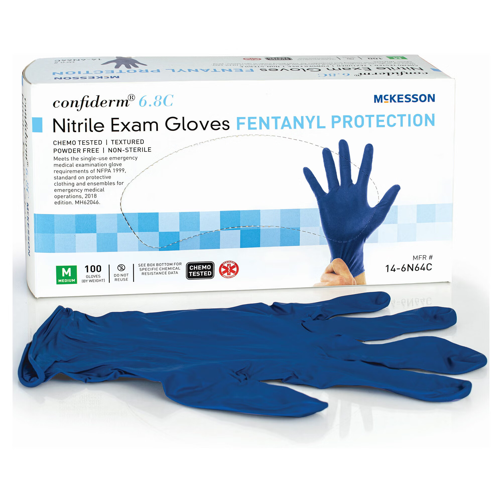 McKesson Brand - 14-6N64C Exam Glove McKesson Confiderm® 6.8C Medium 100 per Box NonSterile Nitrile Standard Cuff Length Textured Fingertips Blue Chemo Tested / Fentanyl Tested