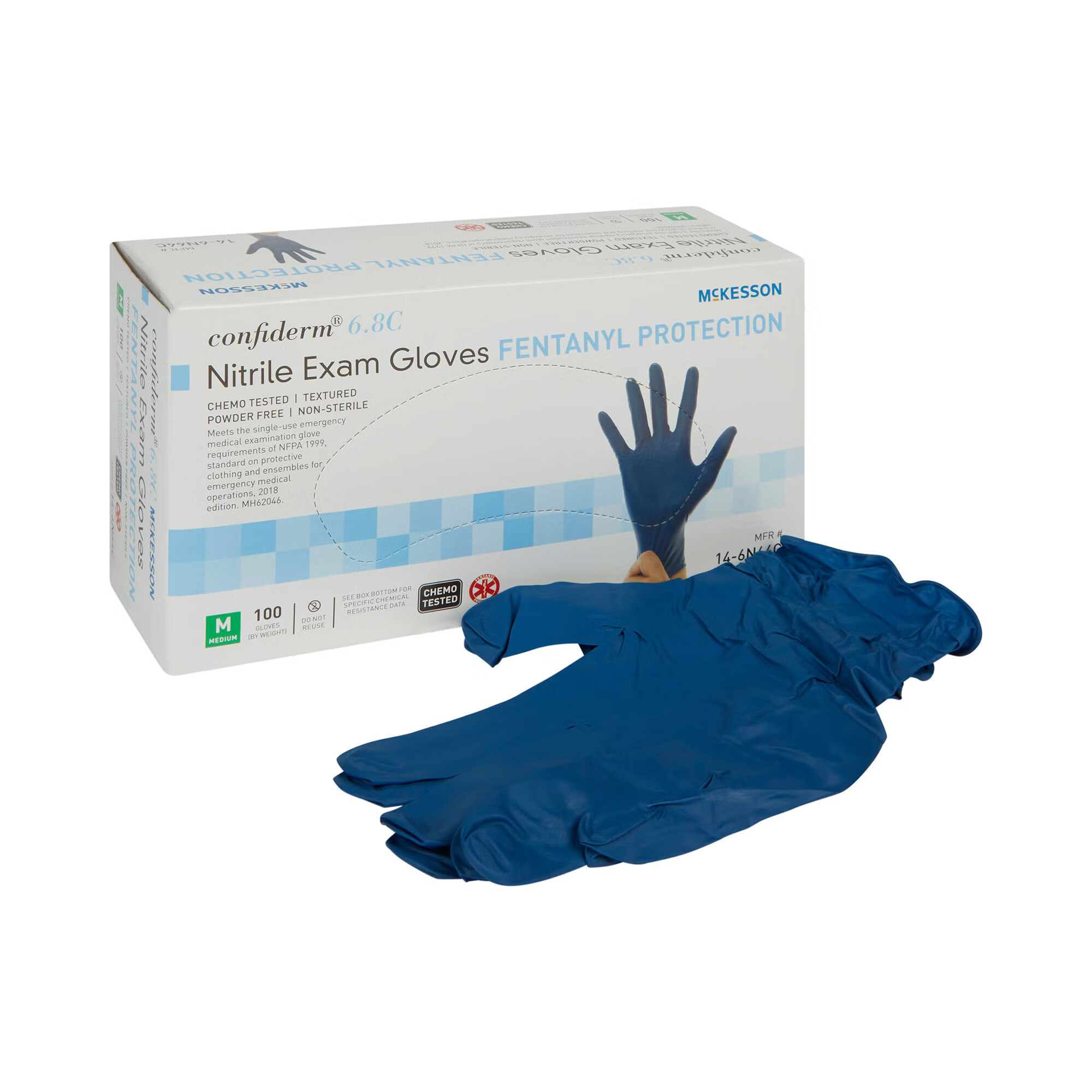 McKesson Brand - 14-6N64C Exam Glove McKesson Confiderm® 6.8C Medium 100 per Box NonSterile Nitrile Standard Cuff Length Textured Fingertips Blue Chemo Tested / Fentanyl Tested
