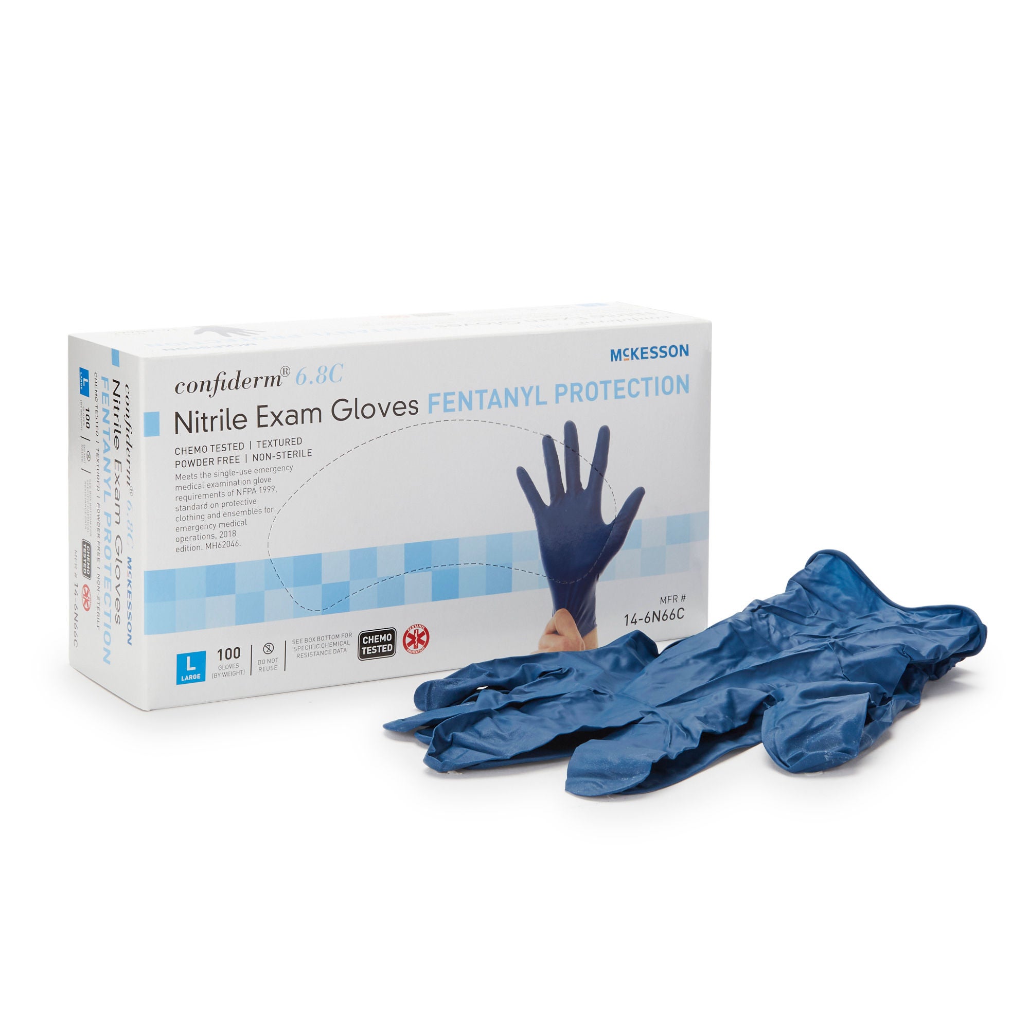 McKesson Brand - 14-6N66C Exam Glove McKesson Confiderm® 6.8C Large 100 per Box NonSterile Nitrile Standard Cuff Length Textured Fingertips Blue Chemo Tested / Fentanyl Tested