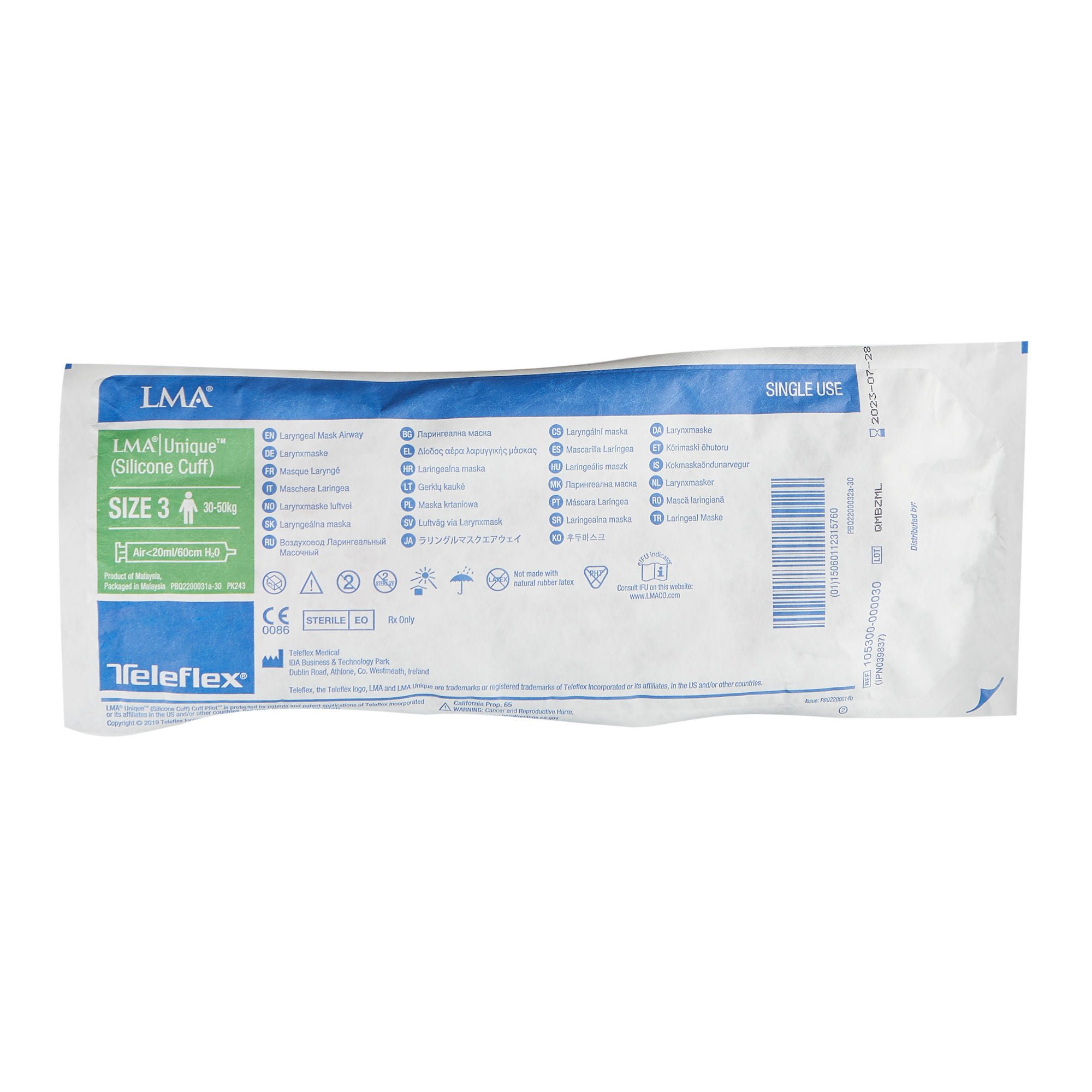 Teleflex Medical - 105300-000030 Curved Laryngeal Mask LMA® Unique™ Size 3 20 mL Cuff Silicone Single Patient Use Sterile