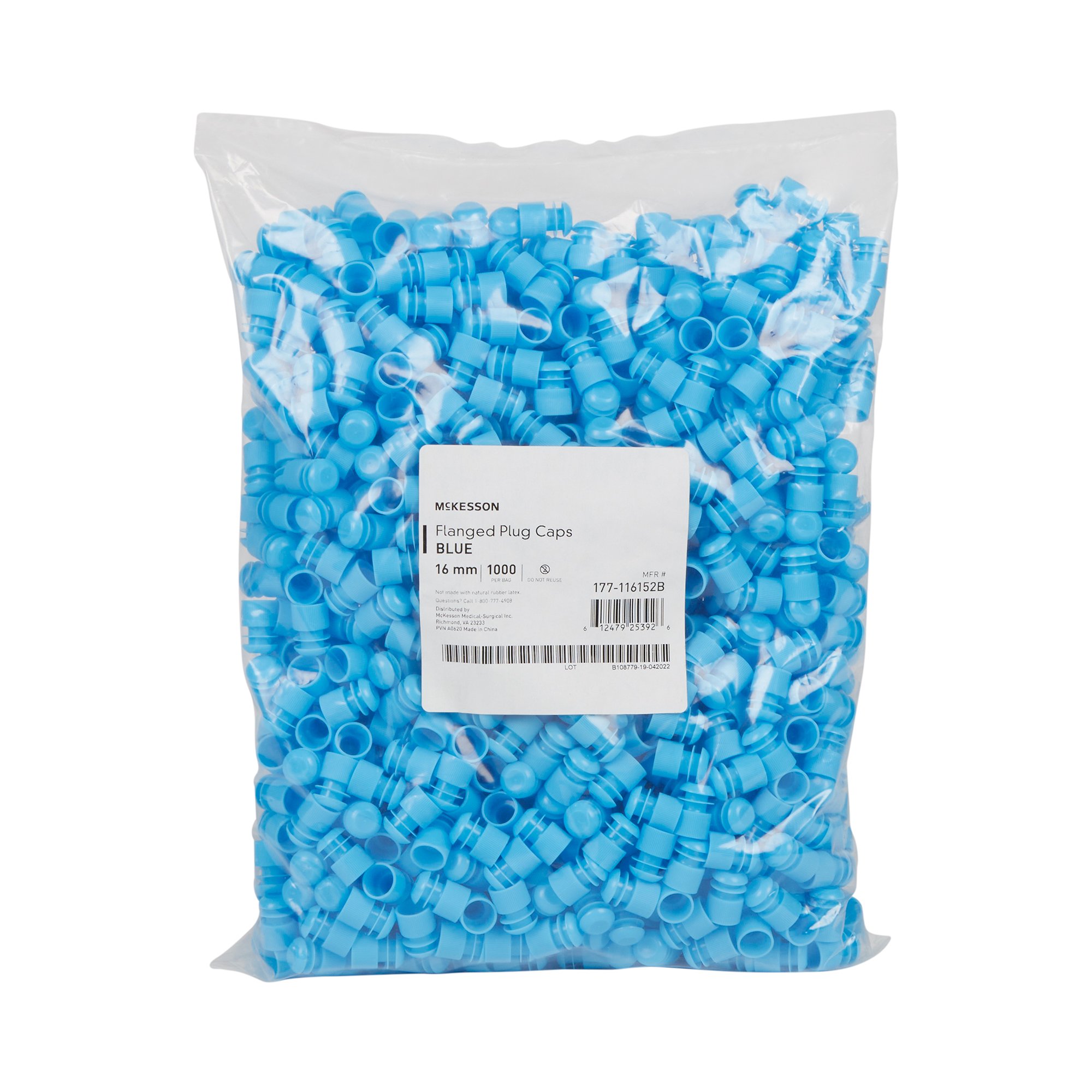 McKesson Brand 177-116152B - McKesson Flanged Plug Cap, Blue, Polyethylene, for use with 16mm Tubes - 1000/Bag, 10000/Case
