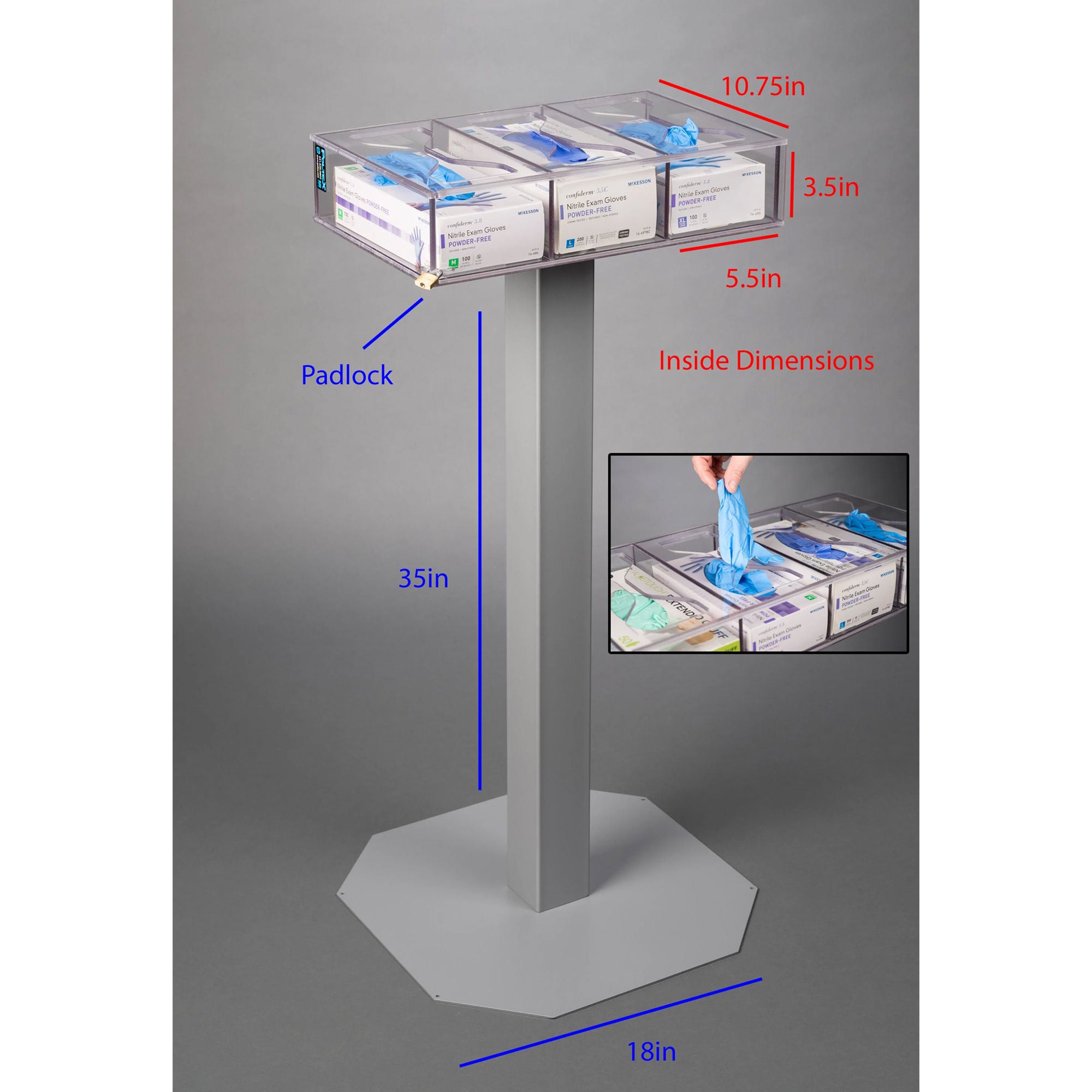 Poltex Inc - NOWASTGB3-3STL No Waste Glove Box Holder Poltex Floor Standing Clear 10-3/4 X 3-1/2 X 5-1/2 Inch PETG and Powder Coated Steel