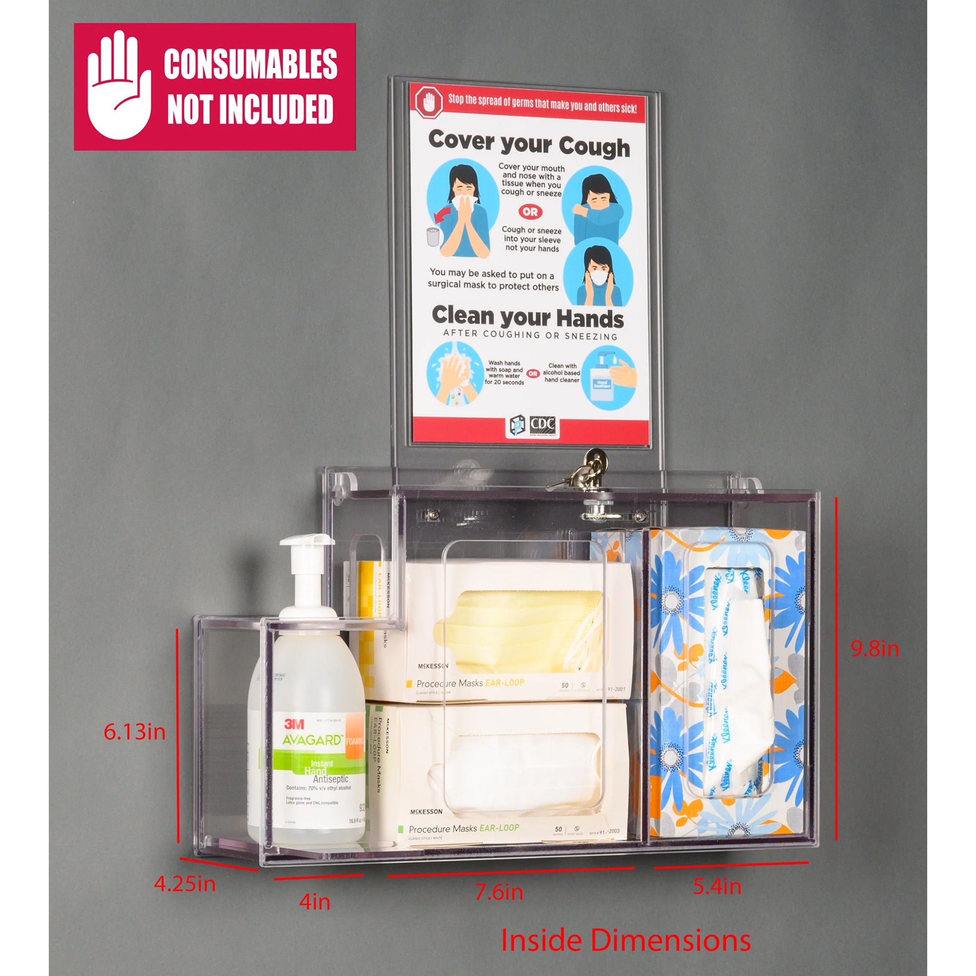 Poltex Inc - RESPS-W-DCL Locking Respiratory Hygiene Station Poltex Wall Mount Clear 6.13 X 4-1/4 X 4 X 7.6 X 5.4 X 9.8 Inch PETG