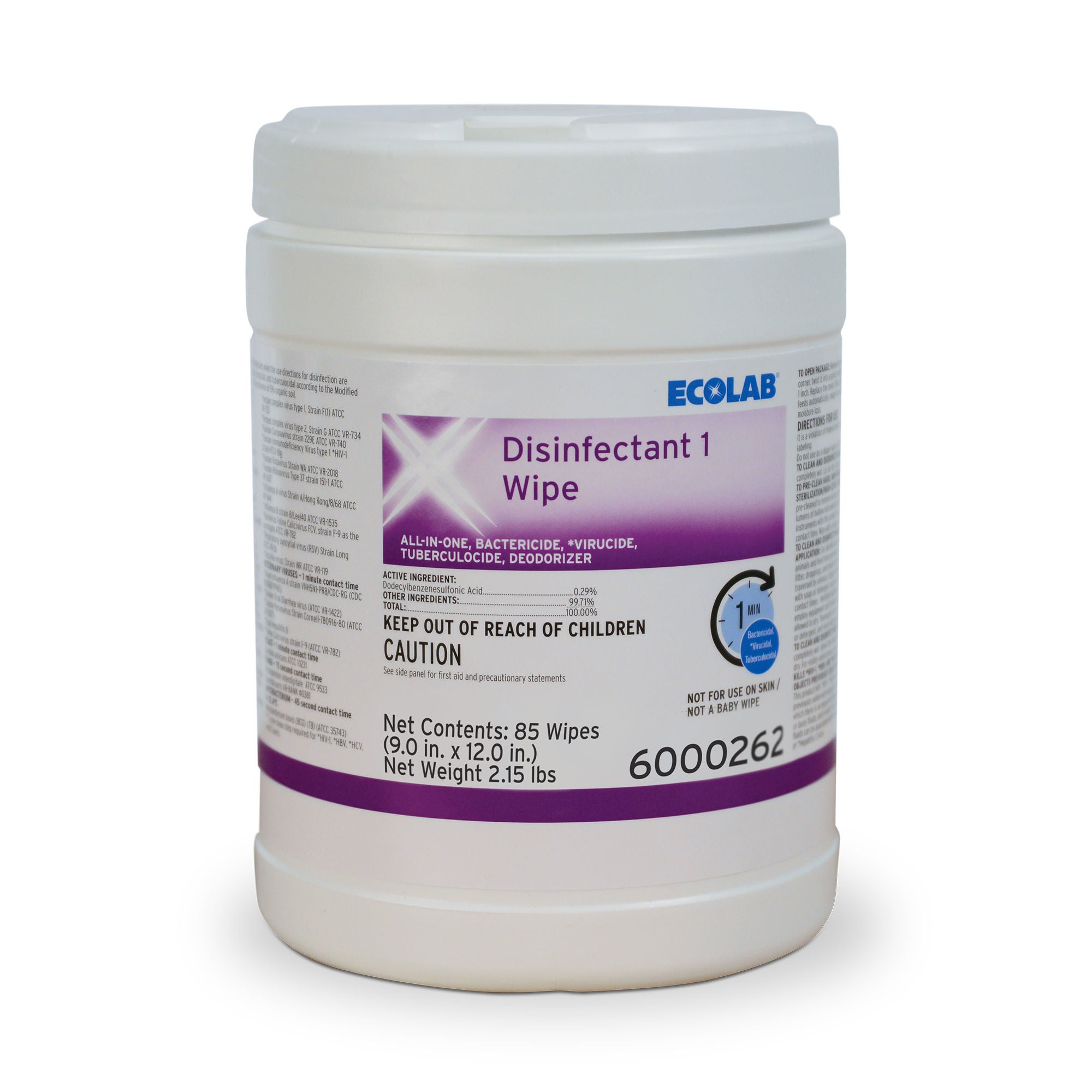 Ecolab - 6000262 Surface Disinfectant Cleaner Ecolab® Disinfectant 1 Bactericidal Manual Pull Wipe 85 Count Canister Sweet Scent NonSterile
