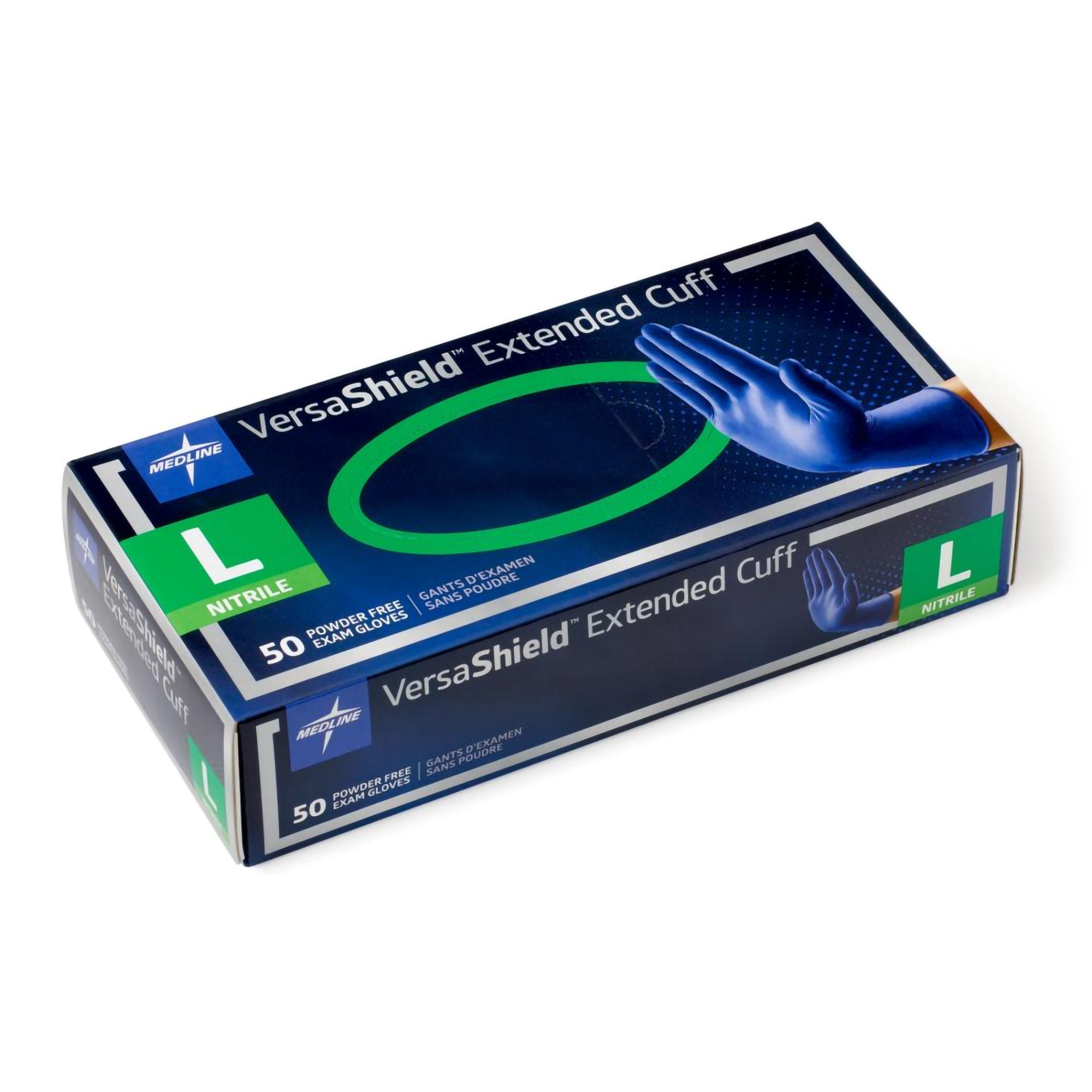 Medline - VS711L Exam Glove VersaShield™ Large 50 per Box NonSterile Nitrile Extended Cuff Length Fully Textured Dark Blue Chemo Tested / Fentanyl Tested