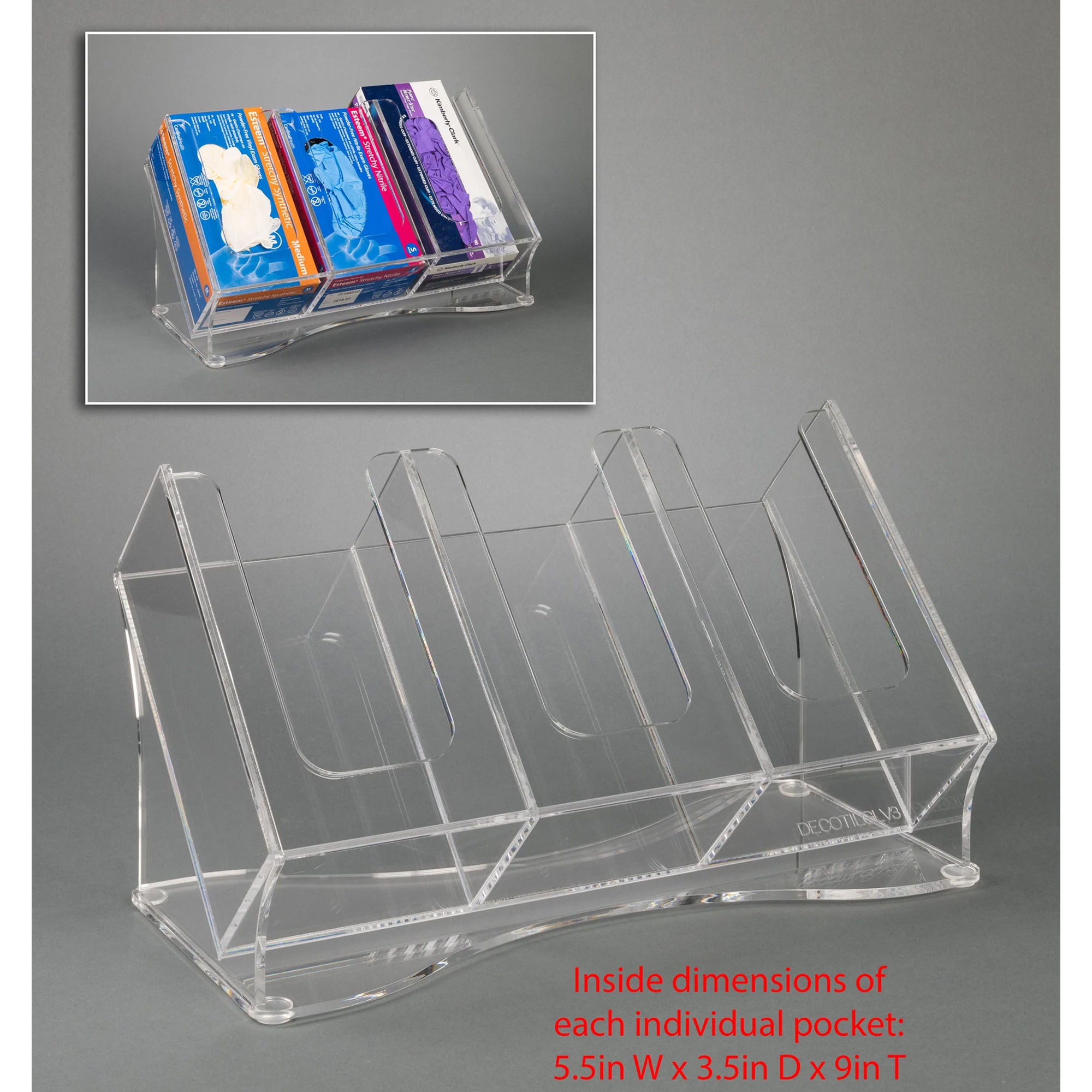 Poltex Inc - DECOTILTGLV3 Glove Box Holder Poltex Counter Top 3 Boxes of Gloves Clear 5-1/2 X 3-1/2 X 9 Inch PETG