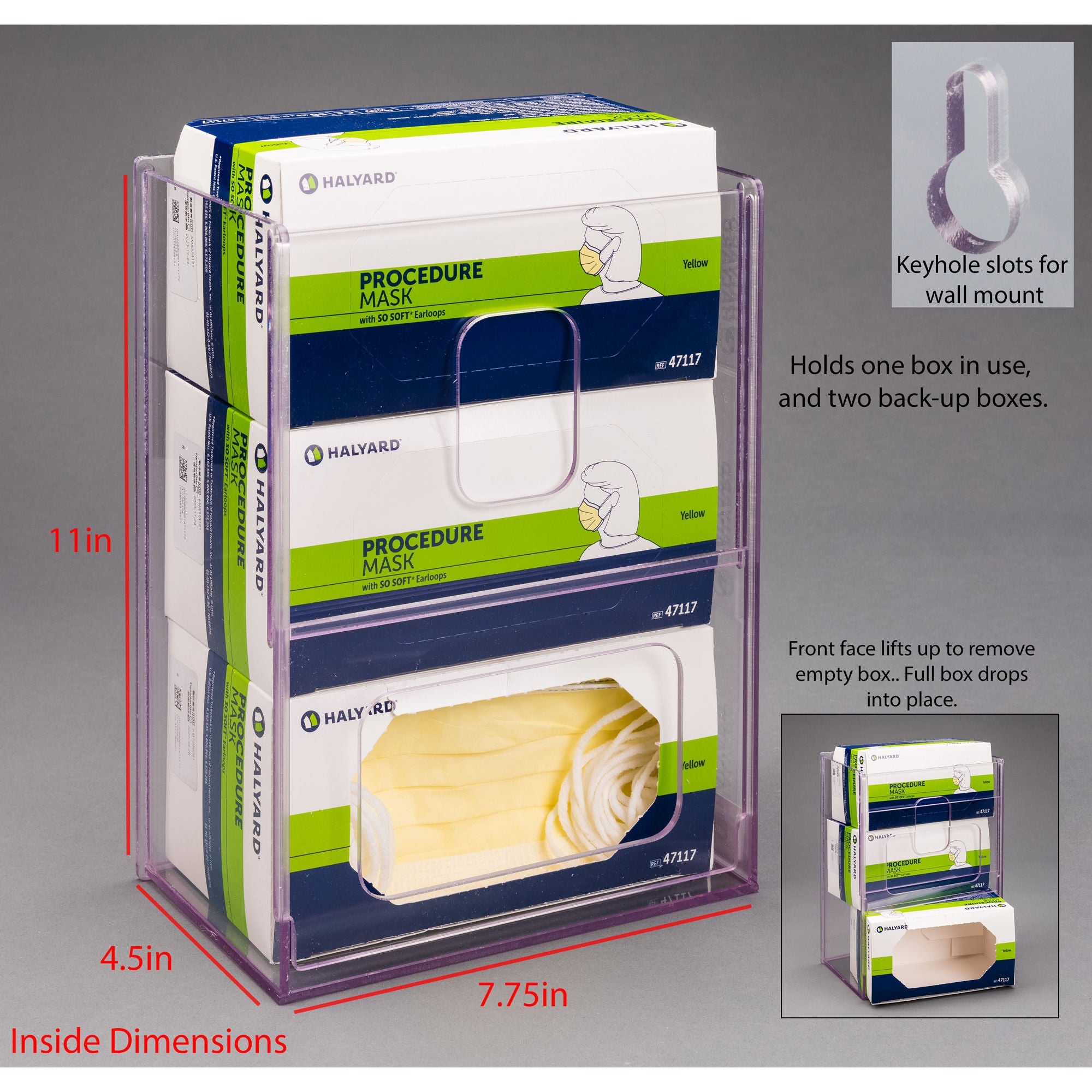 Poltex Inc - MASK3VM-W Mask Box Holder Poltex Wall Mount 3 Boxes of Masks Clear 4-1/2 X 7-3/4 Inch PETG