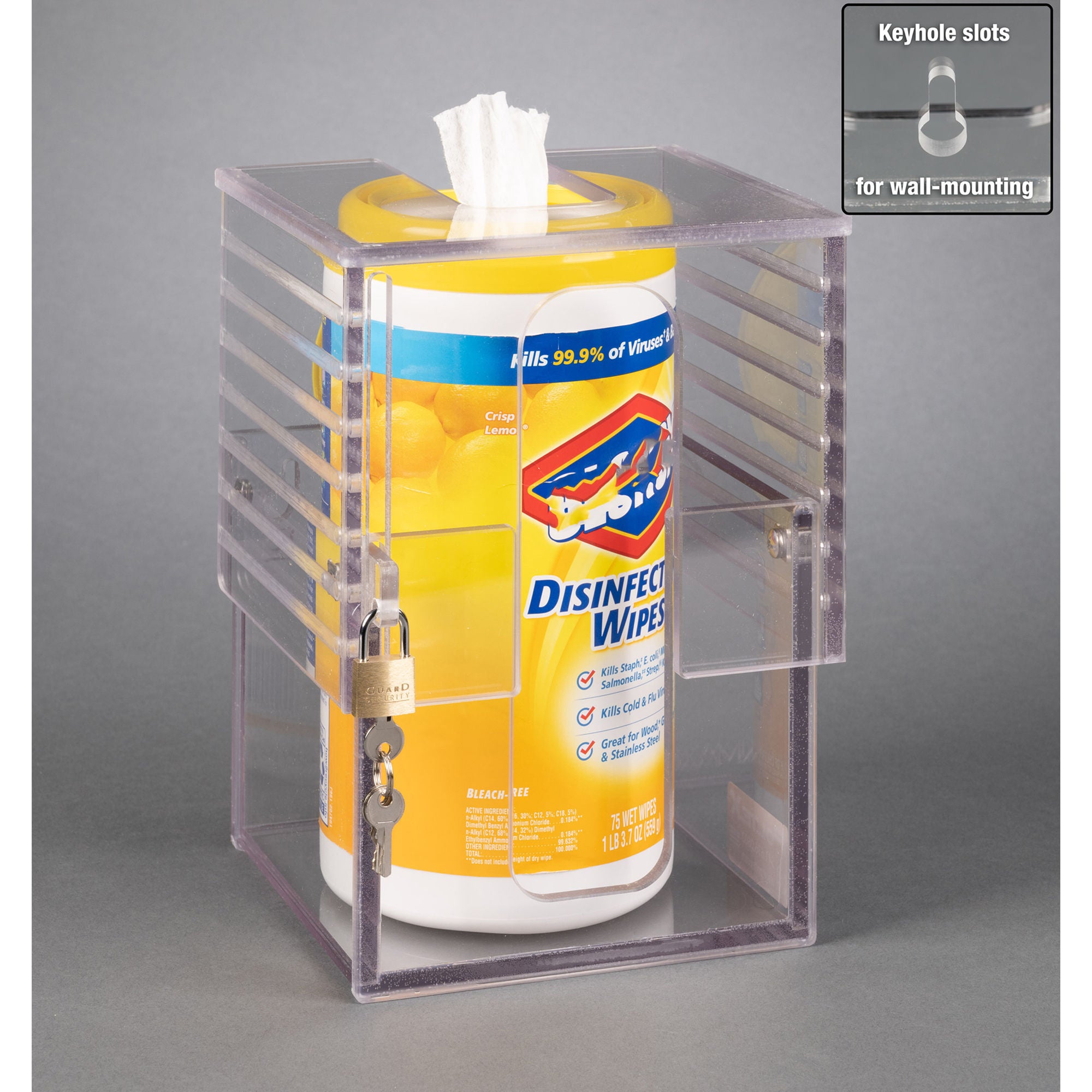Poltex Inc - MINMAX59-W Lockable Wipe Tub Holder Poltex® Clear Acrylic Manual Wipe Canister / Glove Box / Hand Sanitizer Bottle/Mask Box Wall Mount