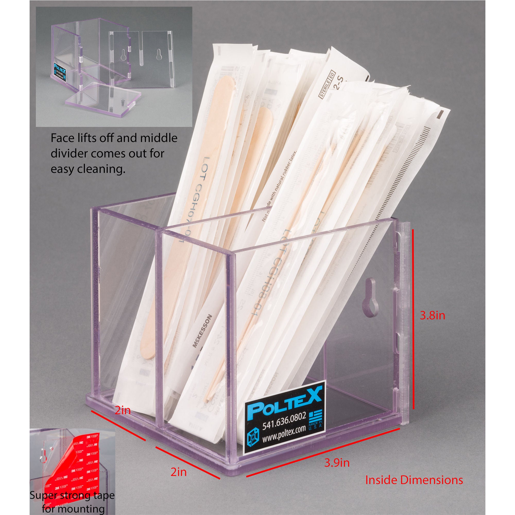 Poltex Inc - SWABXLDIV-T Swab / Tongue Depressor Holder Poltex® Clear PETG Manual Two Compartment VHB Tape Mount