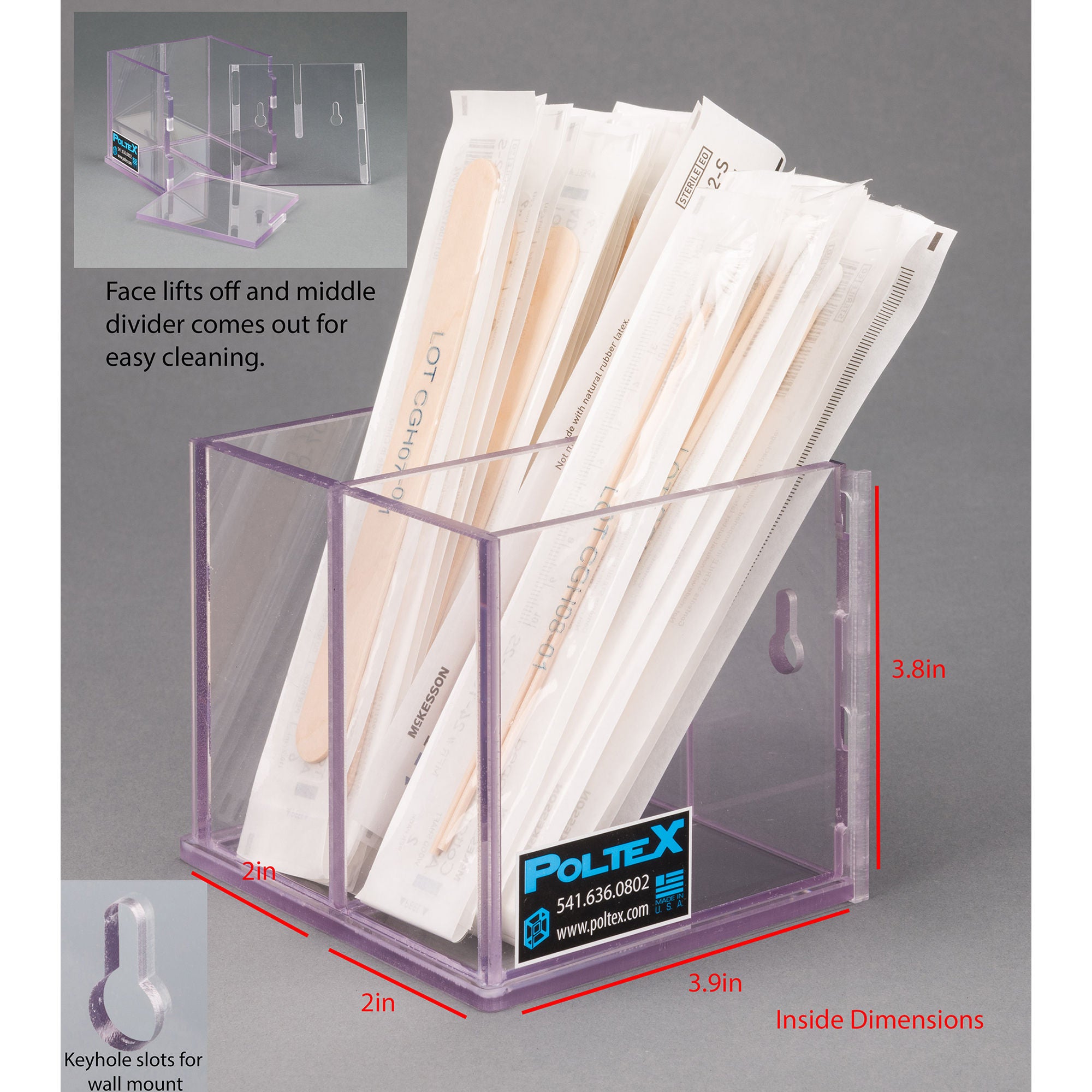 Poltex Inc - SWABXLDIV-W Swab / Tongue Depressor Holder Poltex® Clear PETG Manual Two Compartment Wall Mount