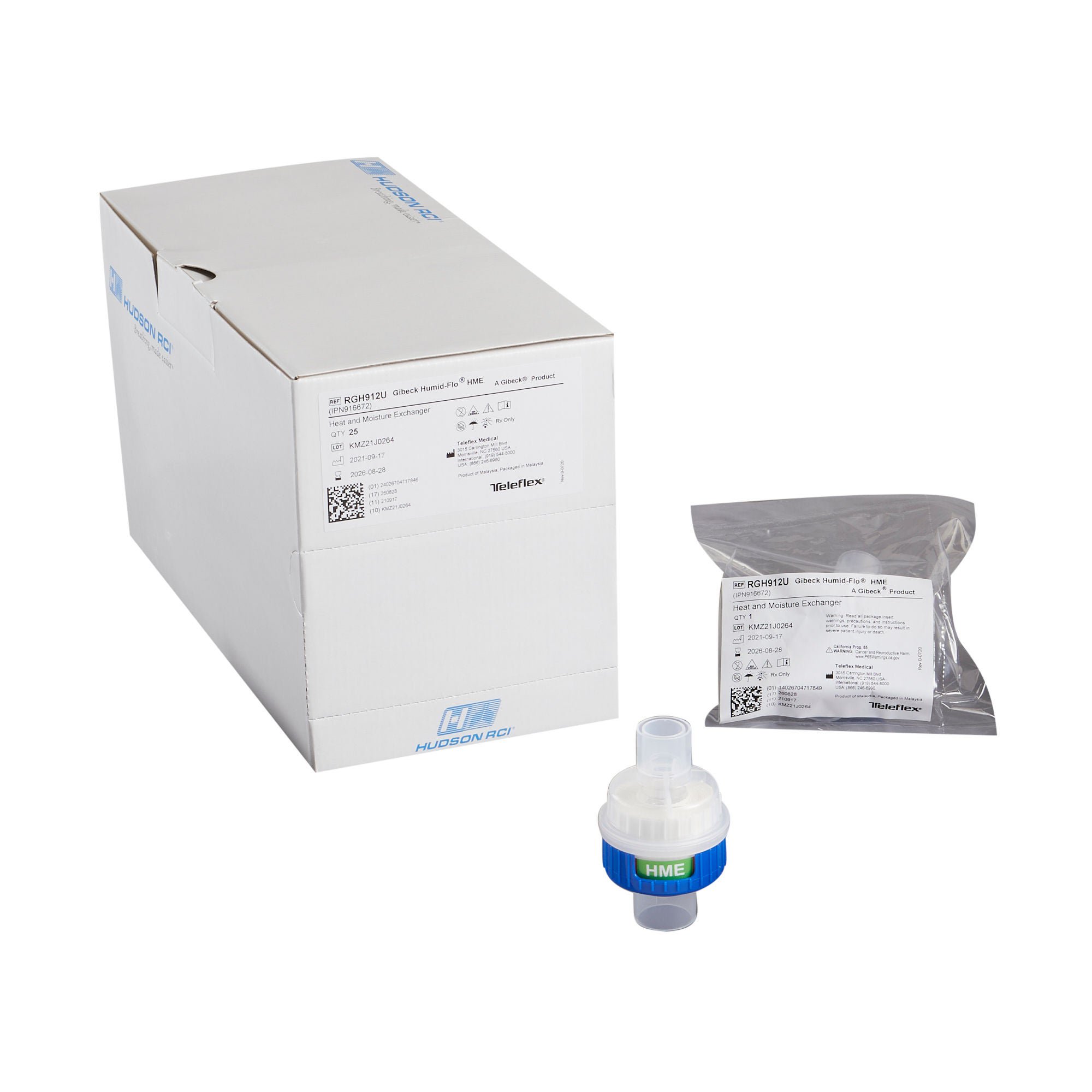 Teleflex LLC - RGH912U Heat and Moisture Exchanger Gibeck® Humid-Flo® 17.36 mg H₂O/L @ VT 500 mL 0.75 cm H₂O @ 30 LPM; 0.86 cm H₂O @ 30 LPM (aerosol) Straight