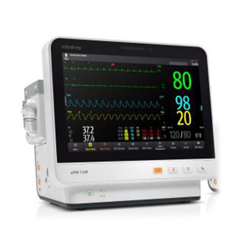 Mindray USA - 121-002734-00 Patient Monitor Mindray EPM 12M Monitoring 3/5 lead ECG, arrhythmia analysis, ST/QT/QTc, Masimo SpO2, NIBP, dual IBP, temperature, respiration AC Power / Battery Operated