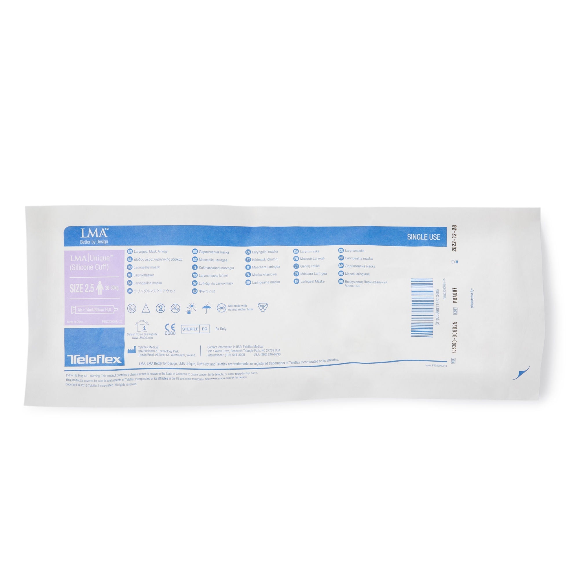 Teleflex LLC - 105300-000025 Curved Laryngeal Mask Size 2.5 14 mL Cuff Silicone Single Patient Use Sterile