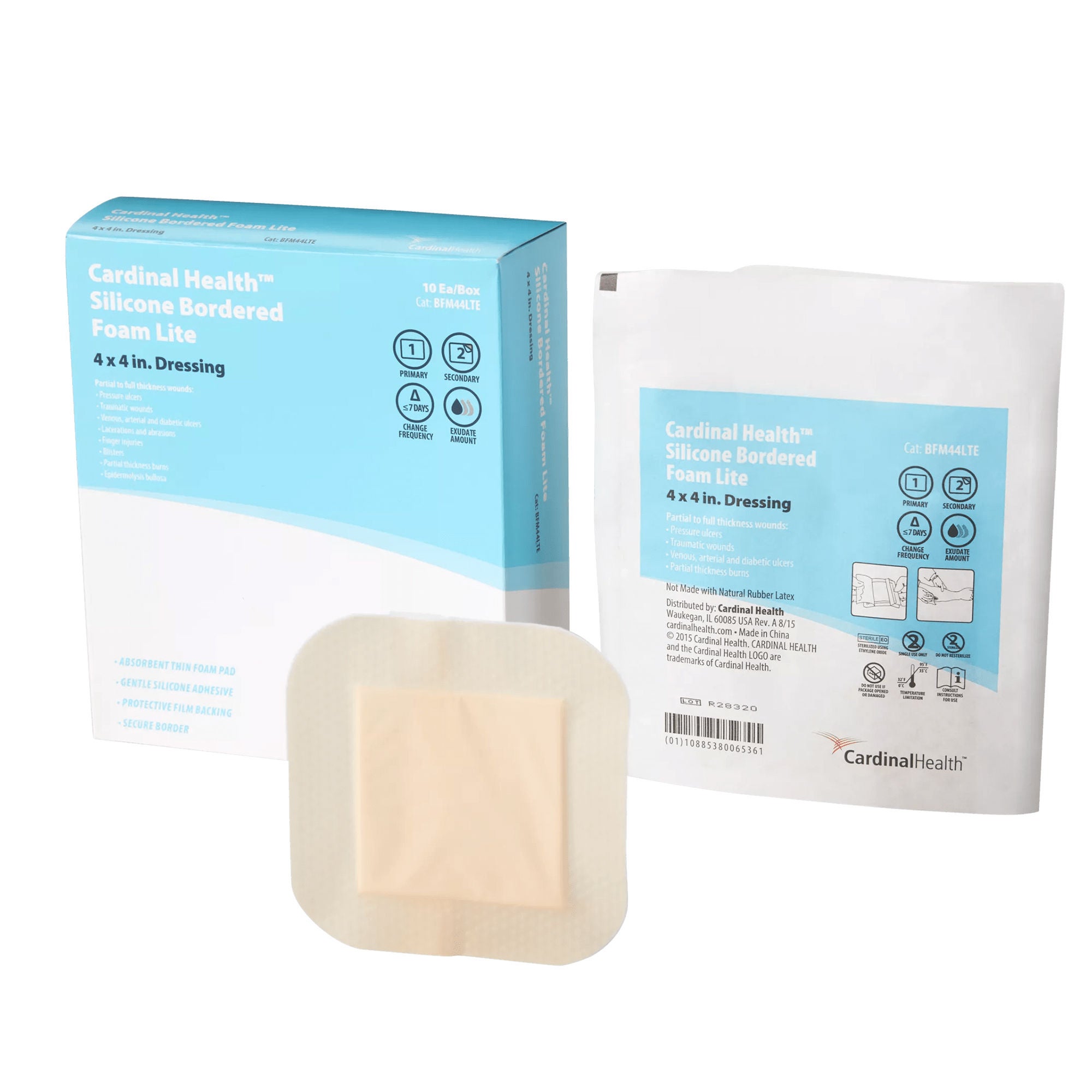 Cardinal - BFM44LTE Foam Dressing Cardinal Health™ Silicone Bordered Foam Lite 4 X 4 Inch With Border Film Backing Silicone Adhesive Square Sterile