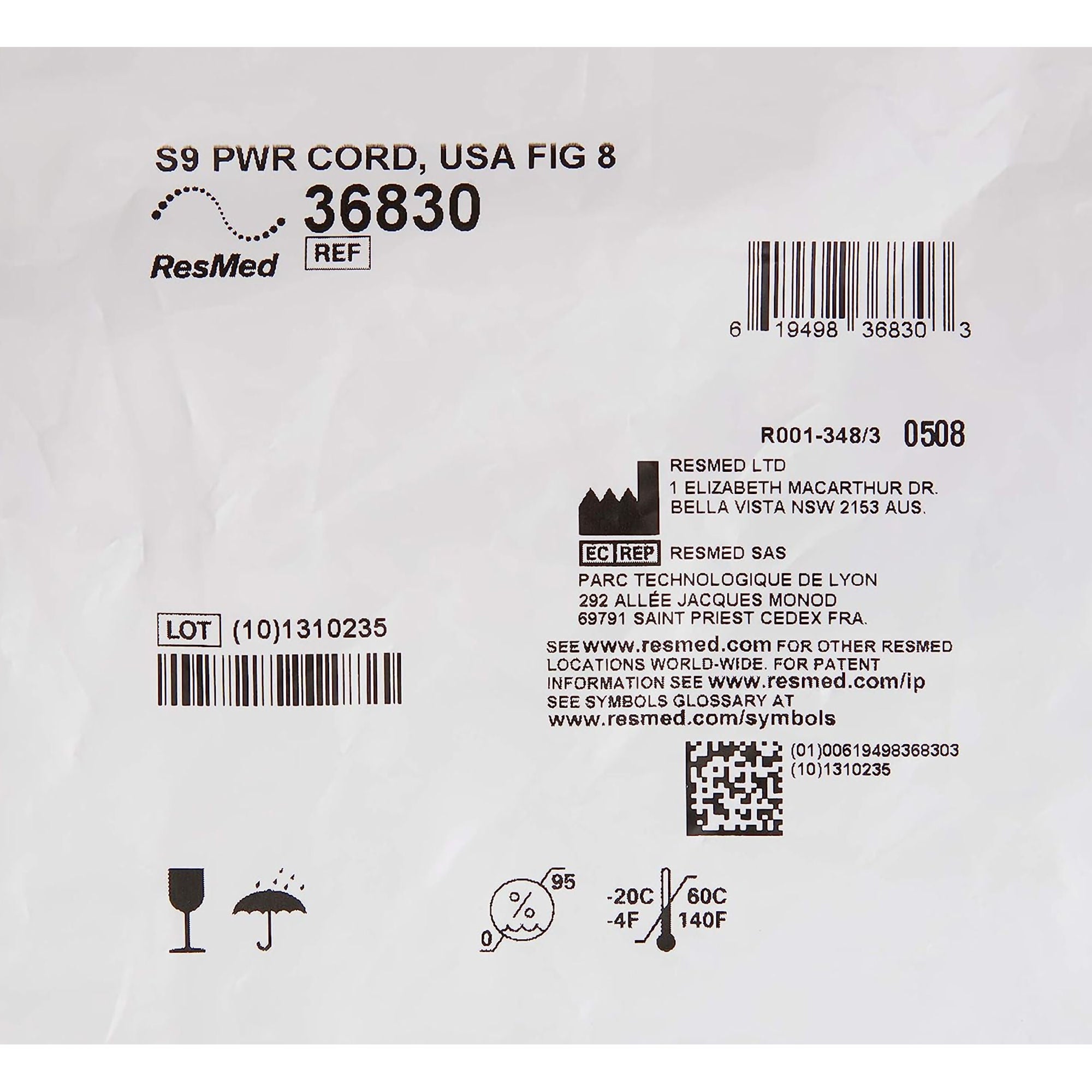 ResMed Corp - 36830 CPAP Power Cord CPAP Power Solutions ResMed Power Cord for S9™ CPAP Machines 90 Watt