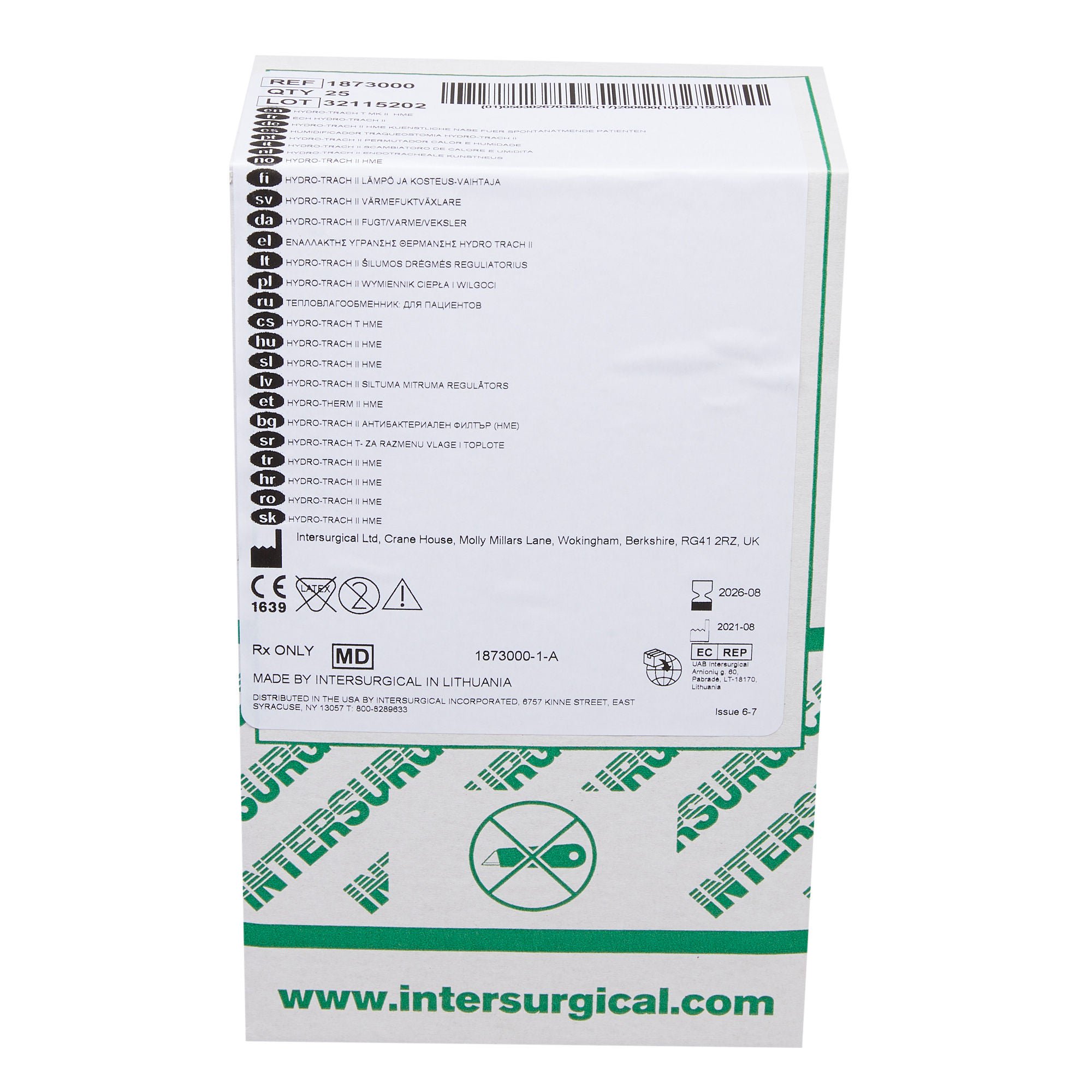 Intersurgical - 1873000 Heat and Moisture Exchanger-Trach Hydro-Trach™ T range 13.2 mg H₂O/L @ VT 500 mL 0.3 cm H₂O @ 30 LPM Offset