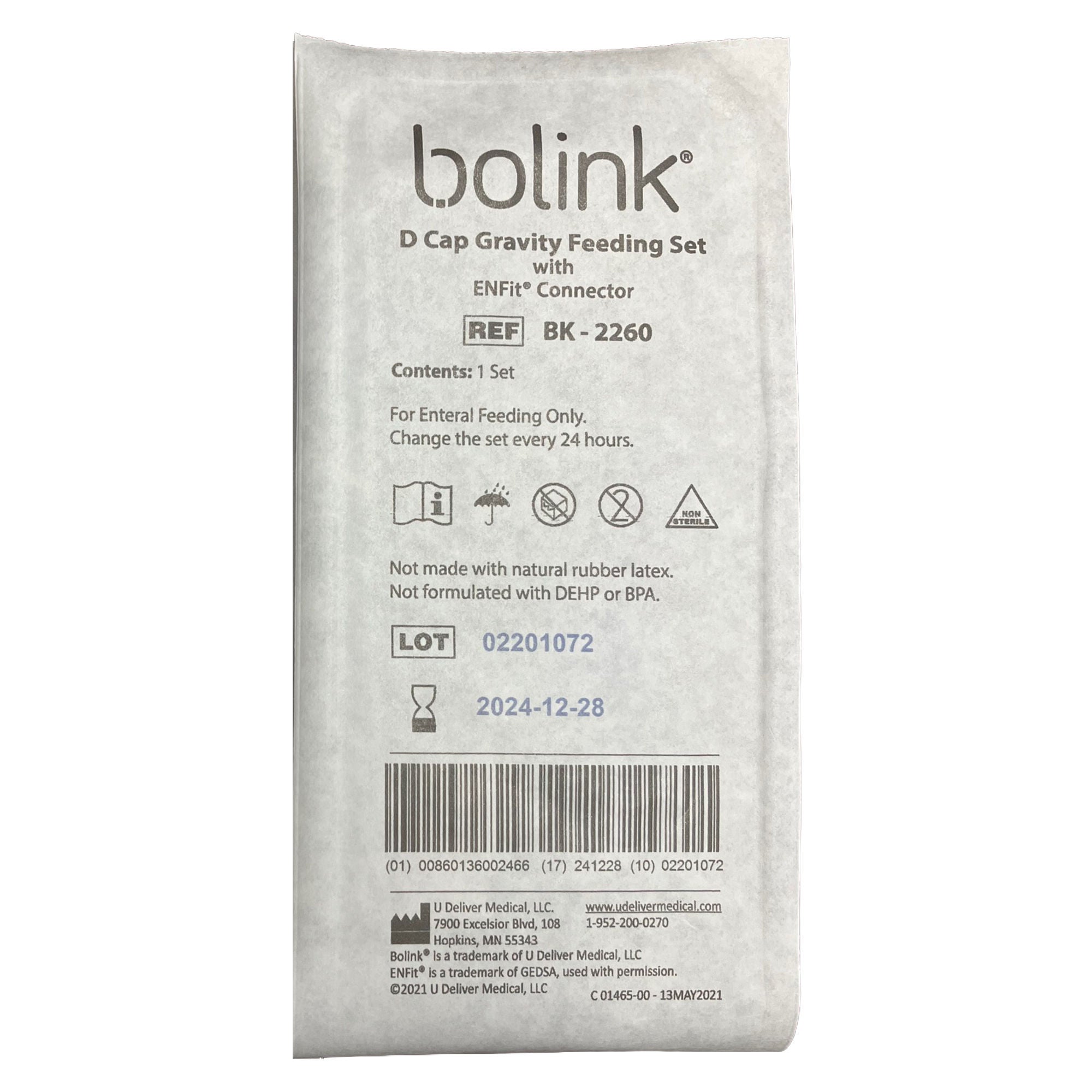 U Deliver Medical - BK-2260 Gravity Feeding Set with ENFit™ Connector Bolink™ D Cap Polypropylene