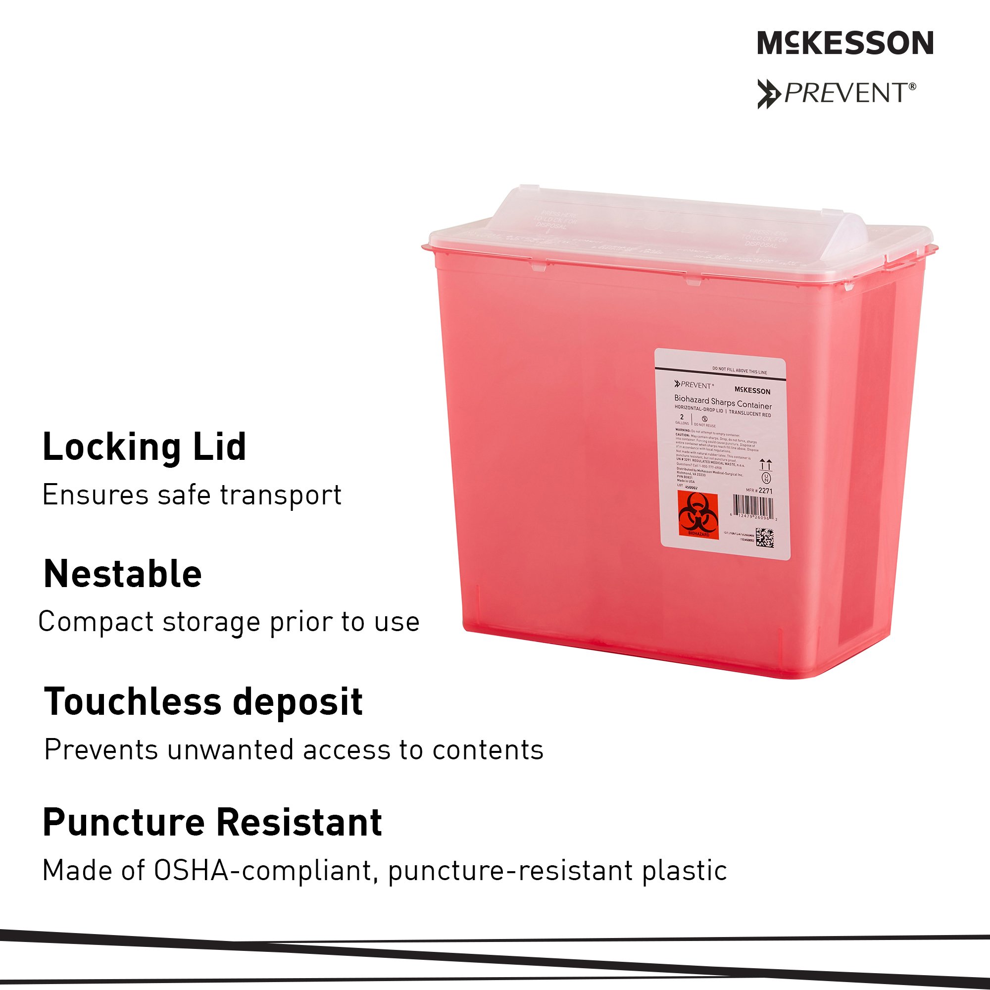 McKesson Brand 2271 - McKesson Prevent® Sharps Container, 2 Gallon, 9-1/4 x 10 x 6 Inch - 1/Each, 20/Case