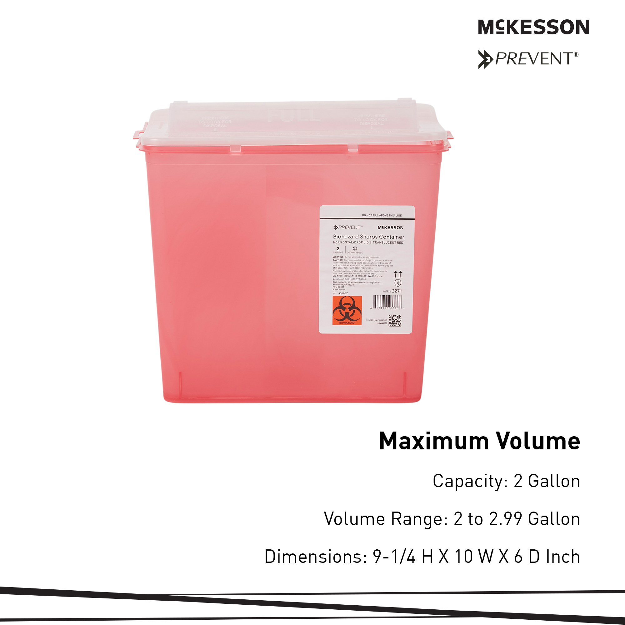 McKesson Brand 2271 - McKesson Prevent® Sharps Container, 2 Gallon, 9-1/4 x 10 x 6 Inch - 1/Each, 20/Case