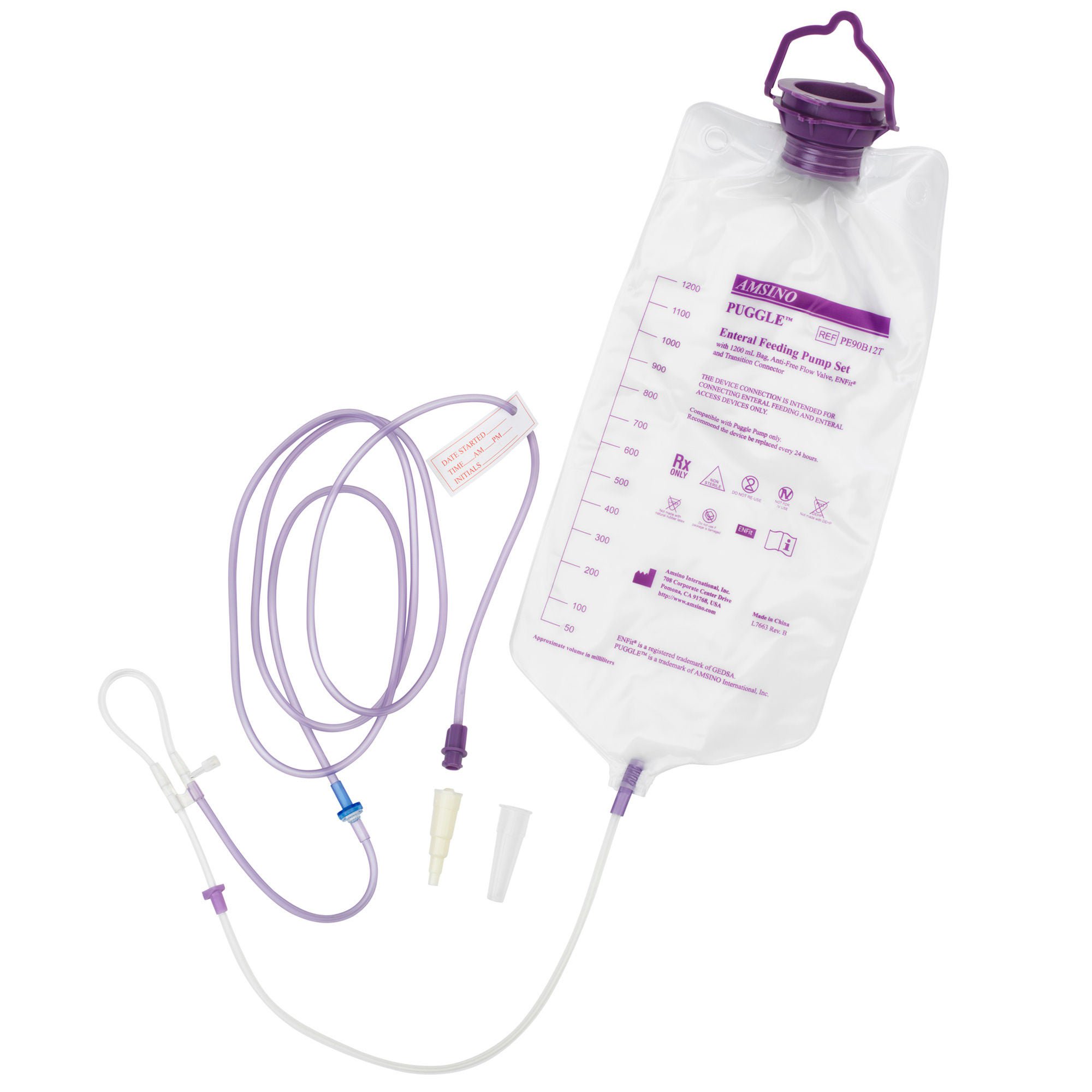 Amsino International - PE90B12T Enteral Feeding Pump Bag Set with ENFit® Connector PUGGLE™ 1200 mL Polyvinyl NonSterile ENFit® Connector and Transition Connector
