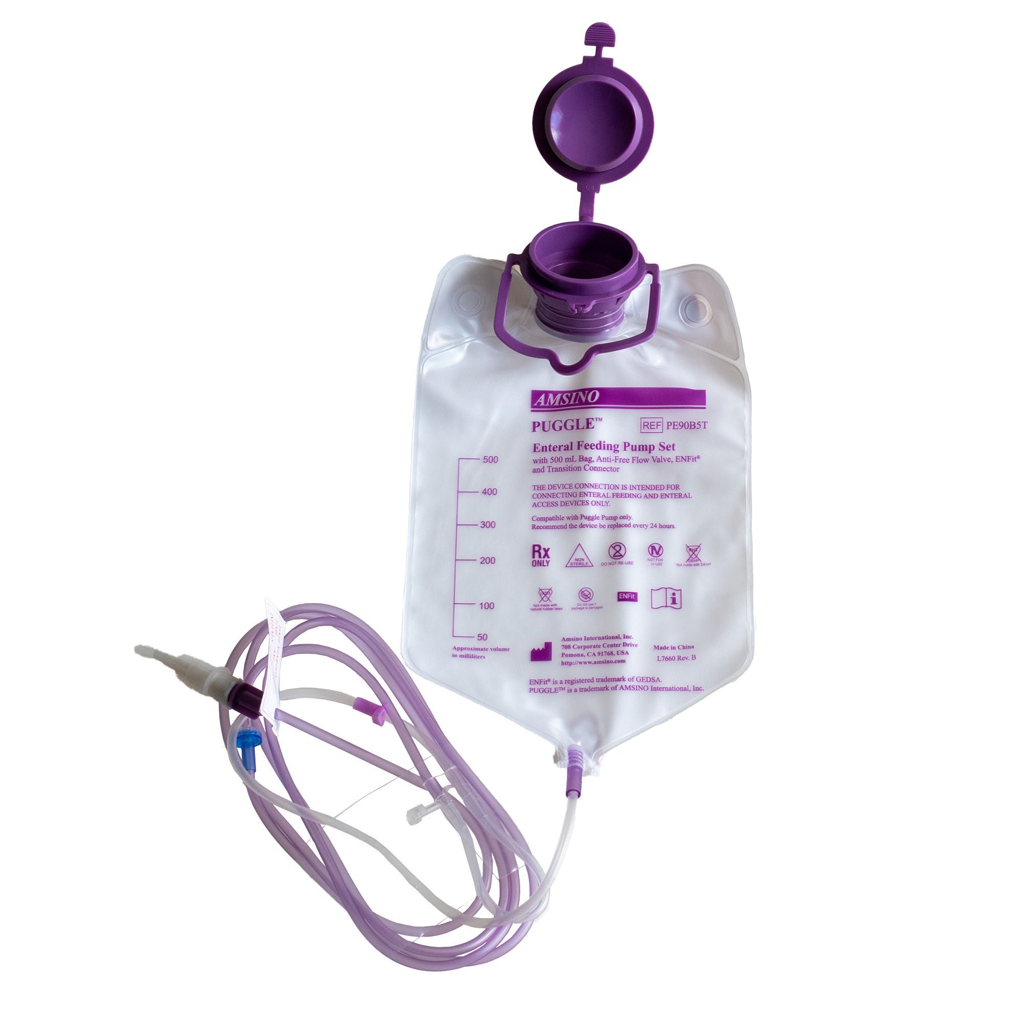 Amsino International - PE90B5T Enteral Feeding Pump Bag Set with ENFit® Connector PUGGLE™ 500 mL Polyvinyl NonSterile ENFit® Connector and Transition Connector