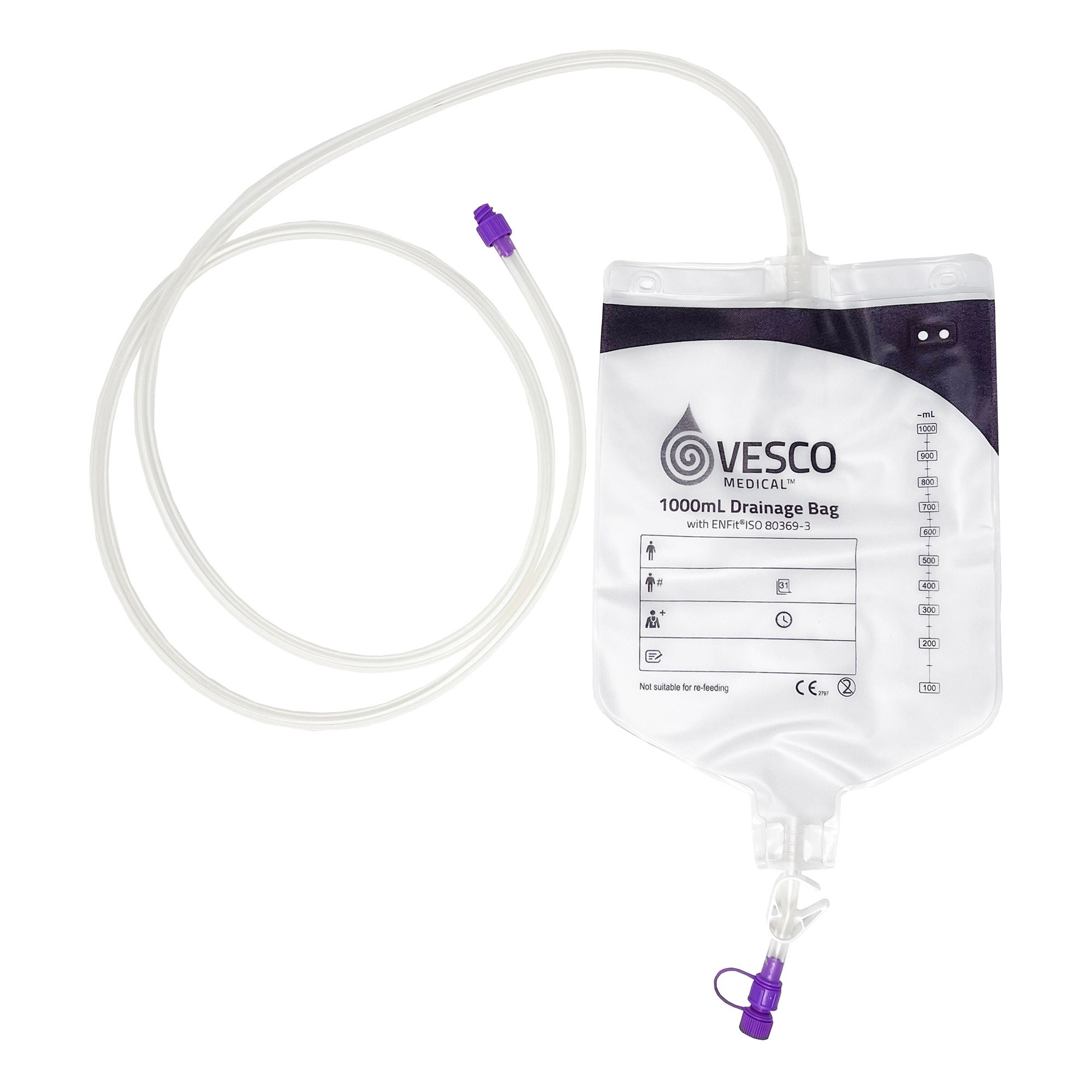 Vesco Medical - VED-012EO Enteral Drainage Bag with ENFit® Connector Vesco Medical™ 60 Inch Tubing 1000 mL Sterile