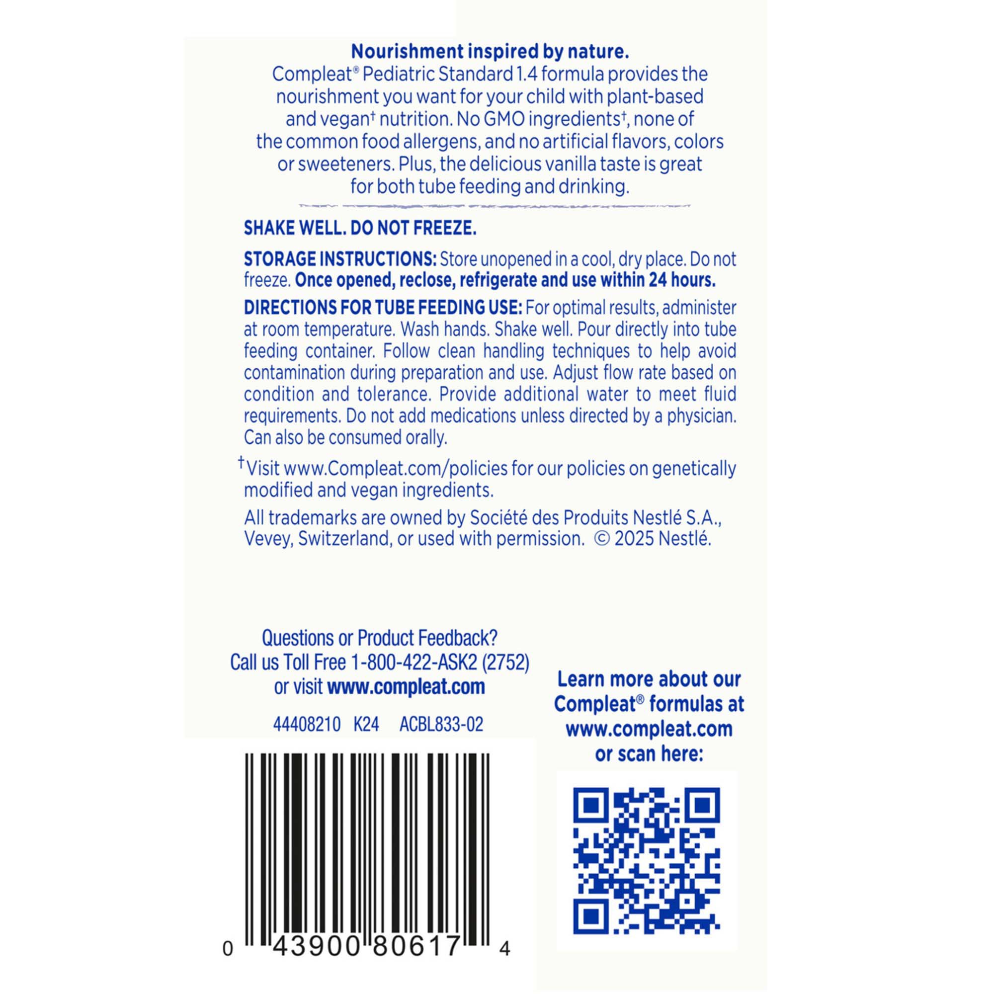 Nestle Healthcare Nutrition 00043900103563 - Compleat® Pediatric Standard Plant-Based 1.4 Cal Tube Feed Formula, Vanilla - 1/Each, 24/Case