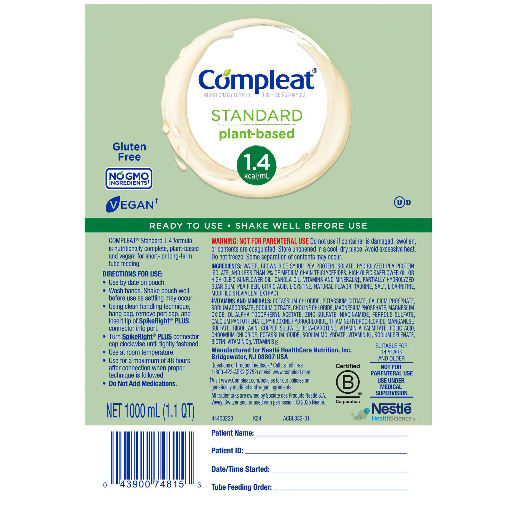 Nestle Healthcare Nutrition 00043900349275 - Compleat® Standard 1.4 Cal Plant-Based Tube Feeding Formula, Vanilla, 1000 mL - 1/Each, 6/Case
