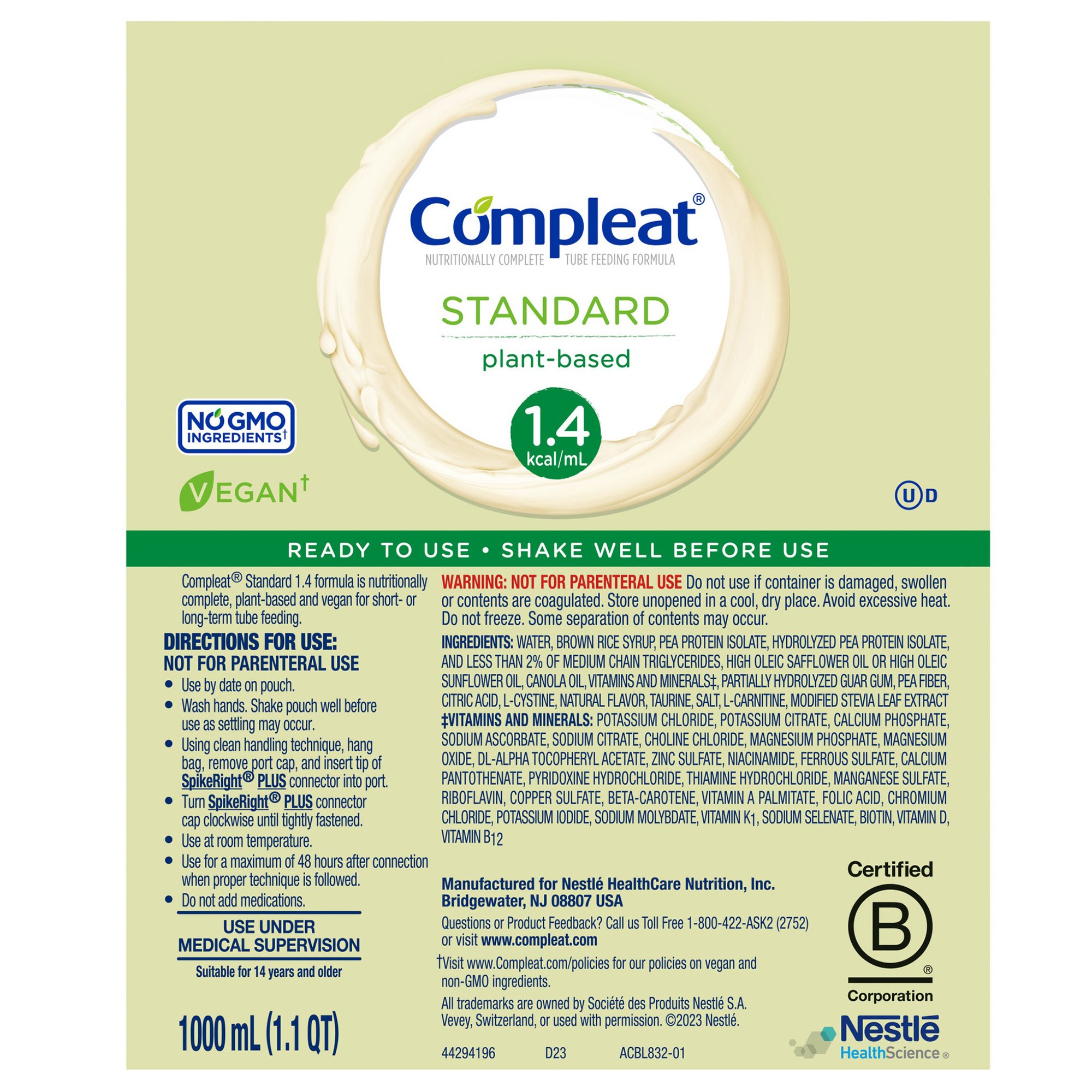 Nestle Healthcare Nutrition 00043900349275 - Compleat® Standard 1.4 Cal Plant-Based Tube Feeding Formula, Vanilla, 1000 mL - 1/Each, 6/Case