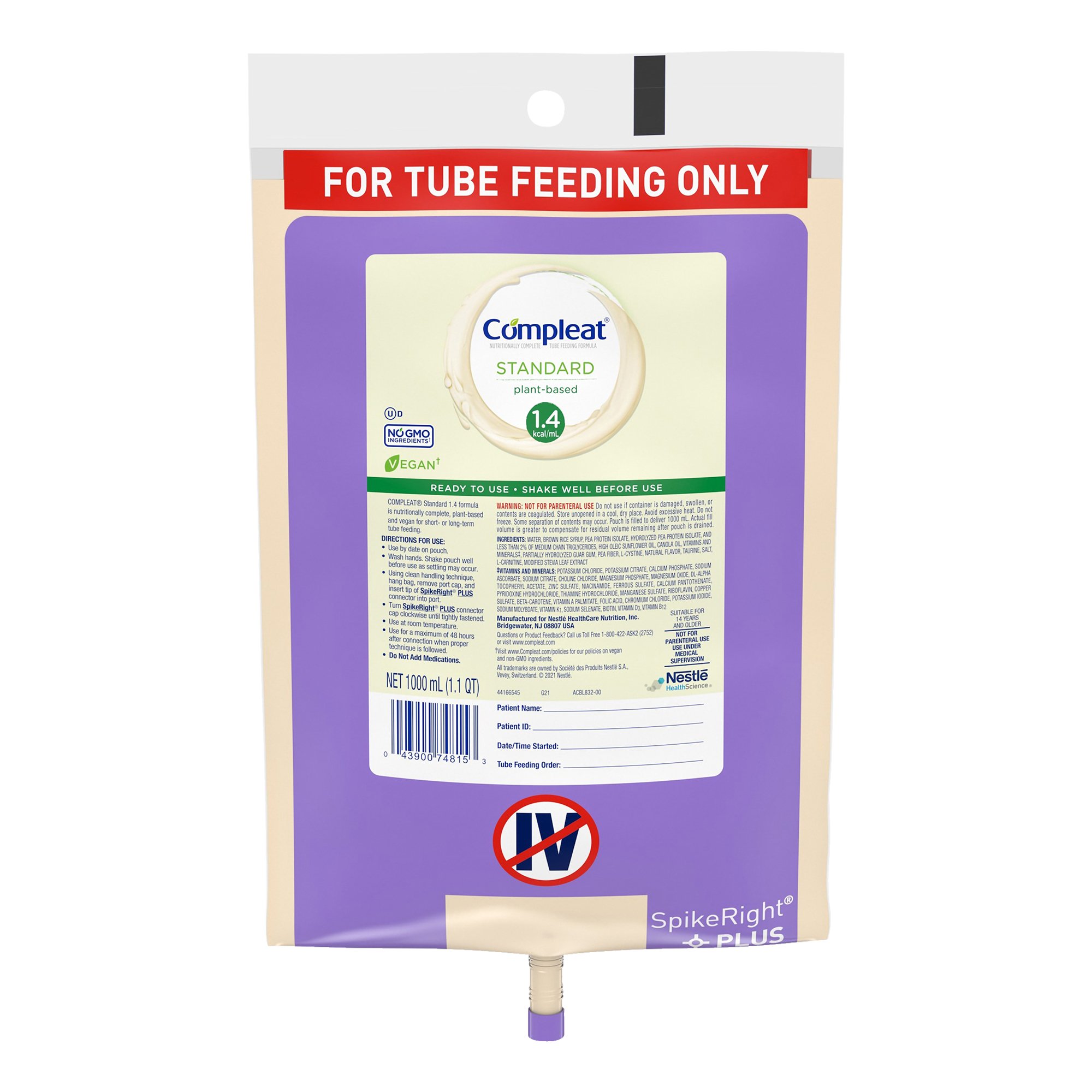 Nestle Healthcare Nutrition 00043900349275 - Compleat® Standard 1.4 Cal Plant-Based Tube Feeding Formula, Vanilla, 1000 mL - 1/Each, 6/Case