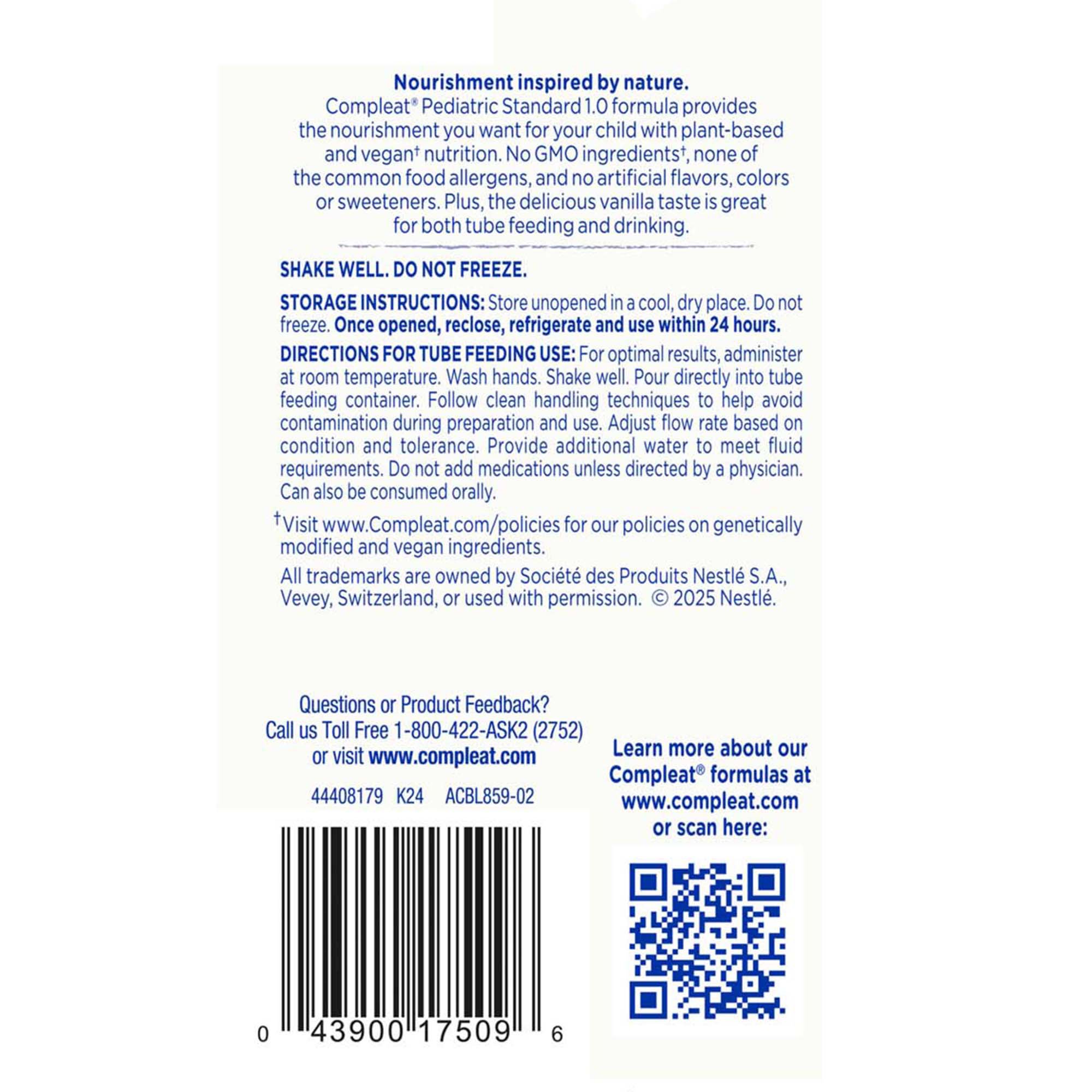 Nestle Healthcare Nutrition 00043900560410 - Compleat® Pediatric Standard Plant-Based 1.0 Cal Tube Feed Formula, Vanilla - 1/Each, 24/Case