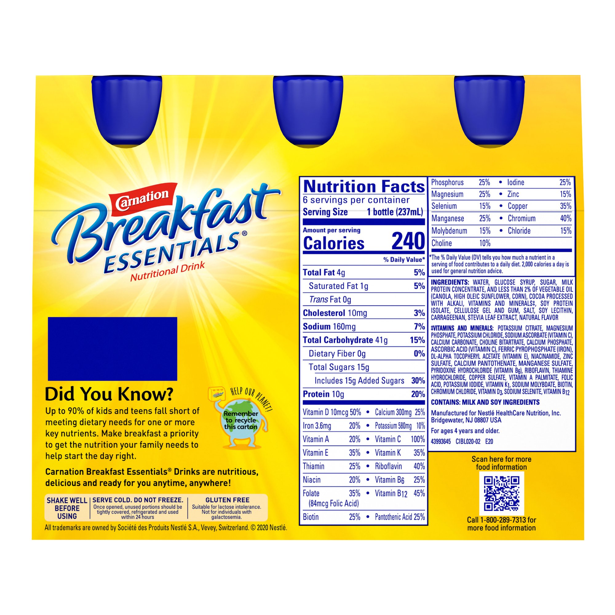 Nestle Clinical Nutritional 00050000415182 - Carnation Breakfast Essentials® Chocolate Nutritional Drink, 8-ounce bottle - 1/Each, 24/Case