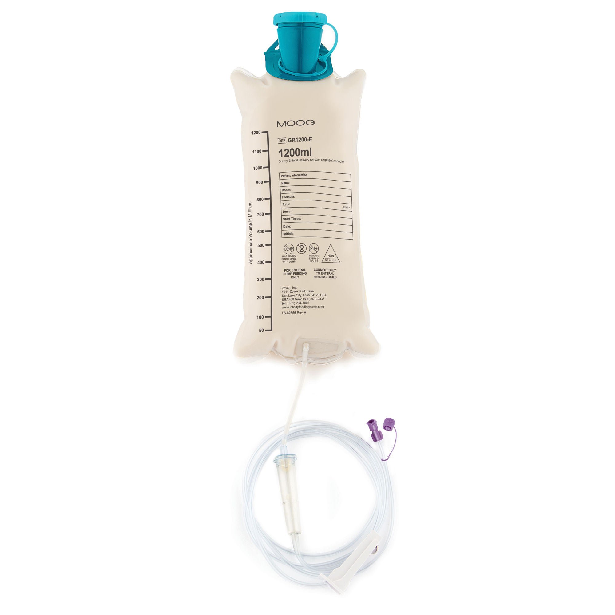 Zevex - GR1200-E Gravity Bag Feeding Set with ENFit™ Connector Moog® 1200 mL